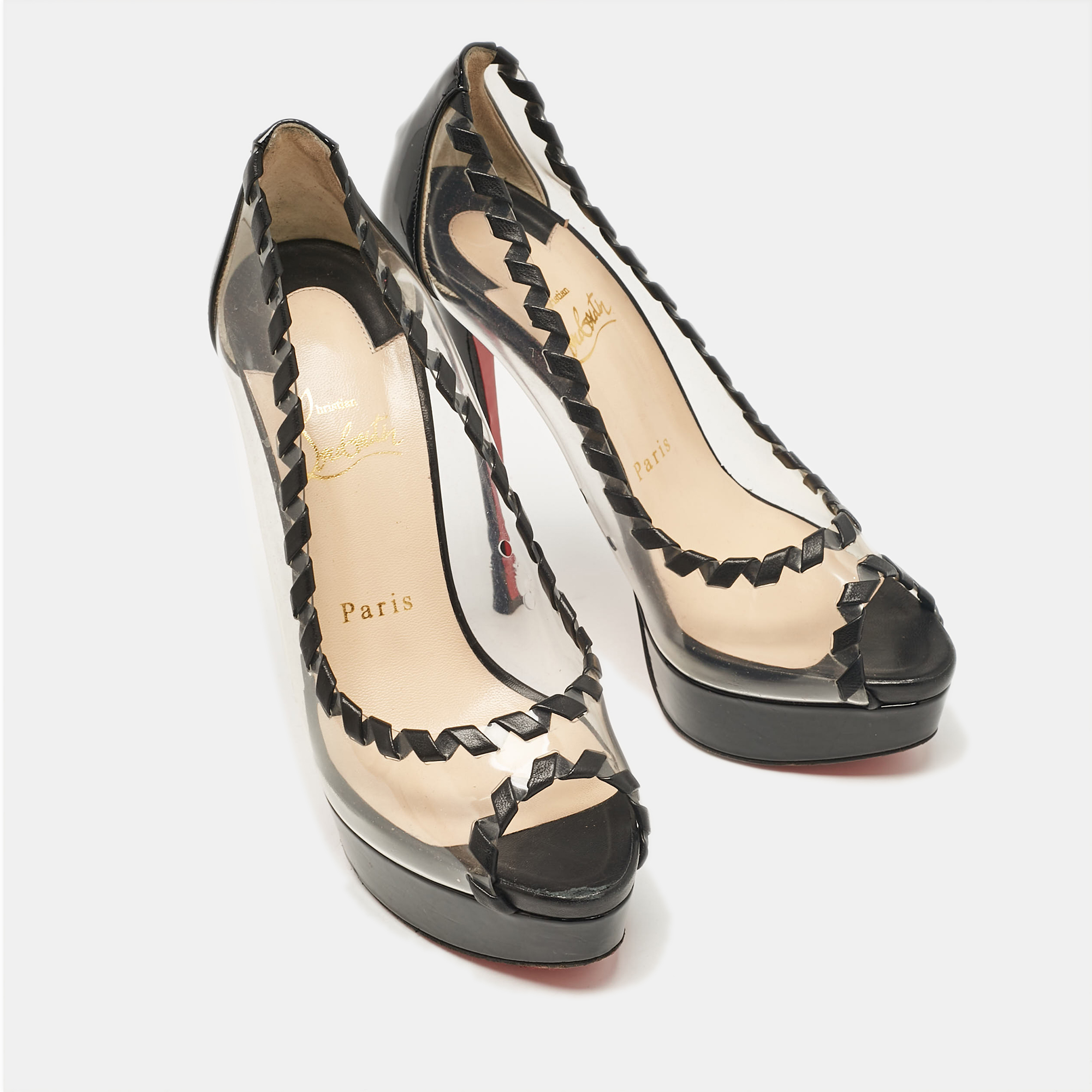 Christian Louboutin Transparent/Black PVC And Patent Fictoire Peep Toe Pumps Size 37