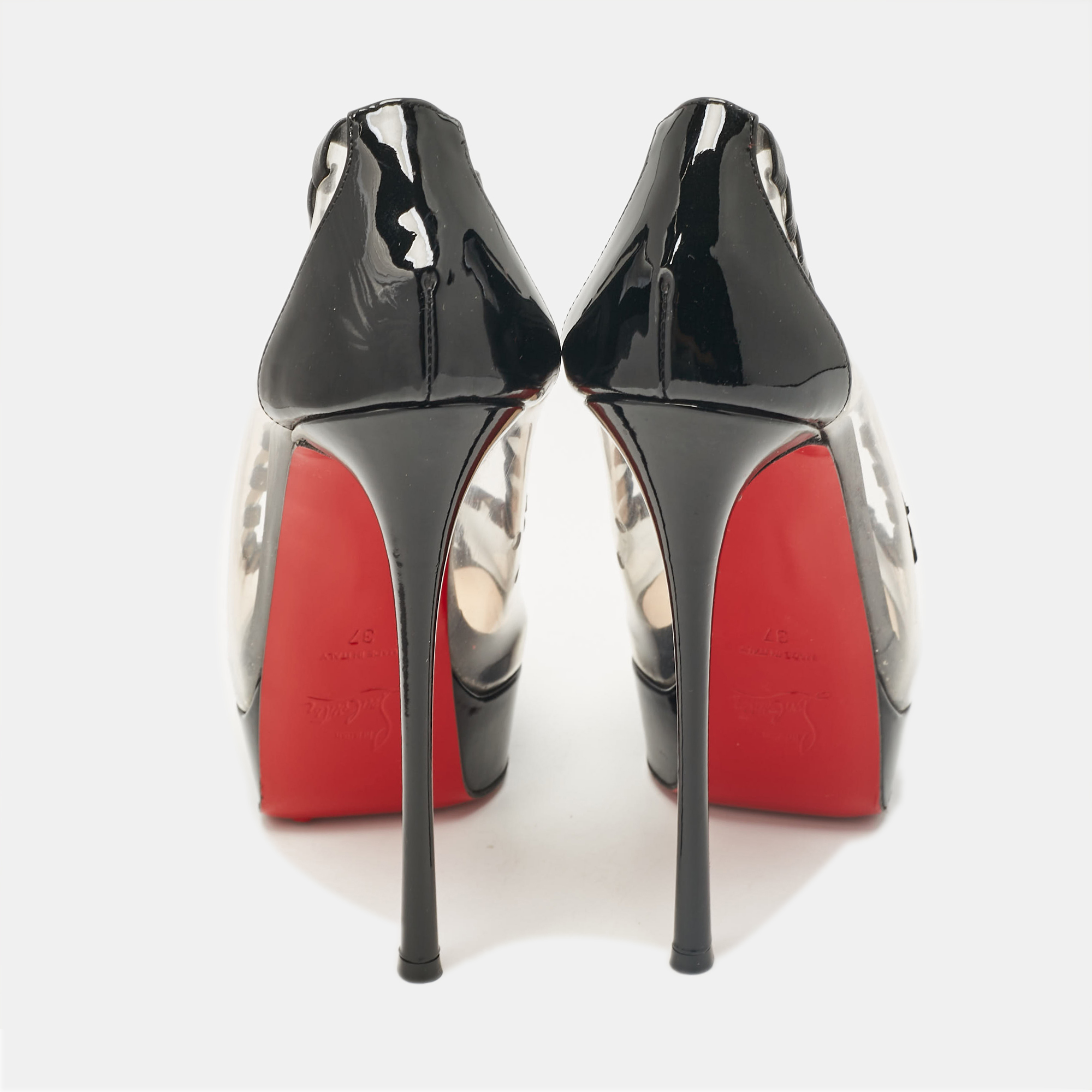 Christian Louboutin Transparent/Black PVC And Patent Fictoire Peep Toe Pumps Size 37