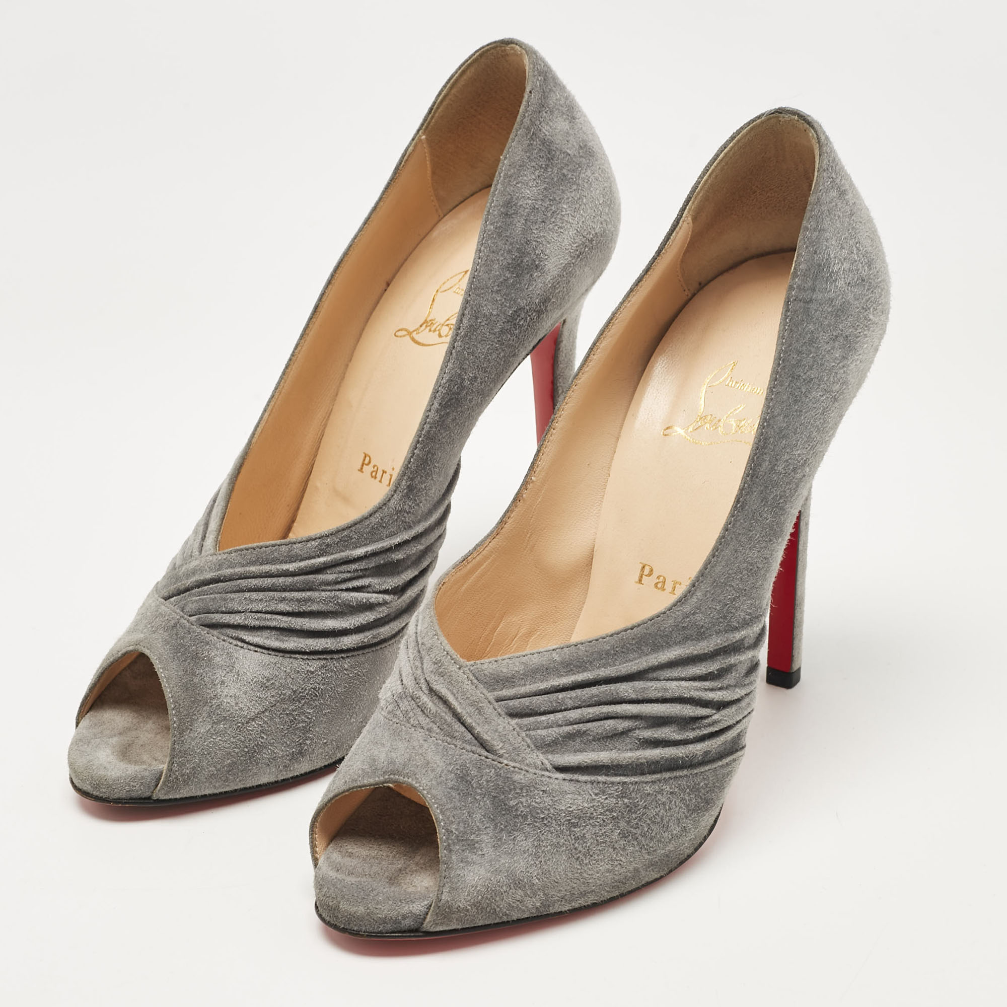 Christian Louboutin Grey Suede Lady Gres Peep Toe Pumps Size 38.5