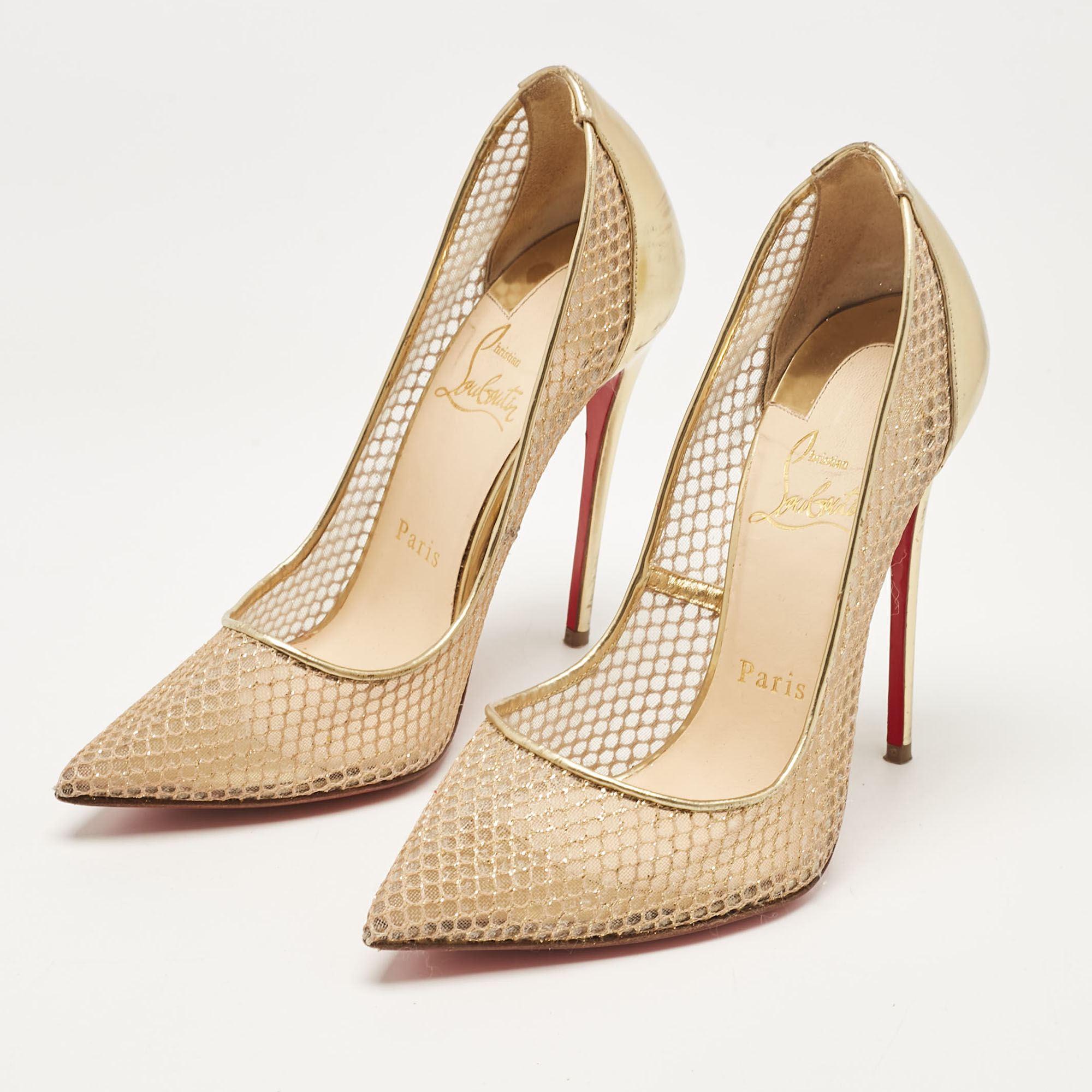 Christian Louboutin Gold Leather And Mesh Follies Resille Pumps Size 37