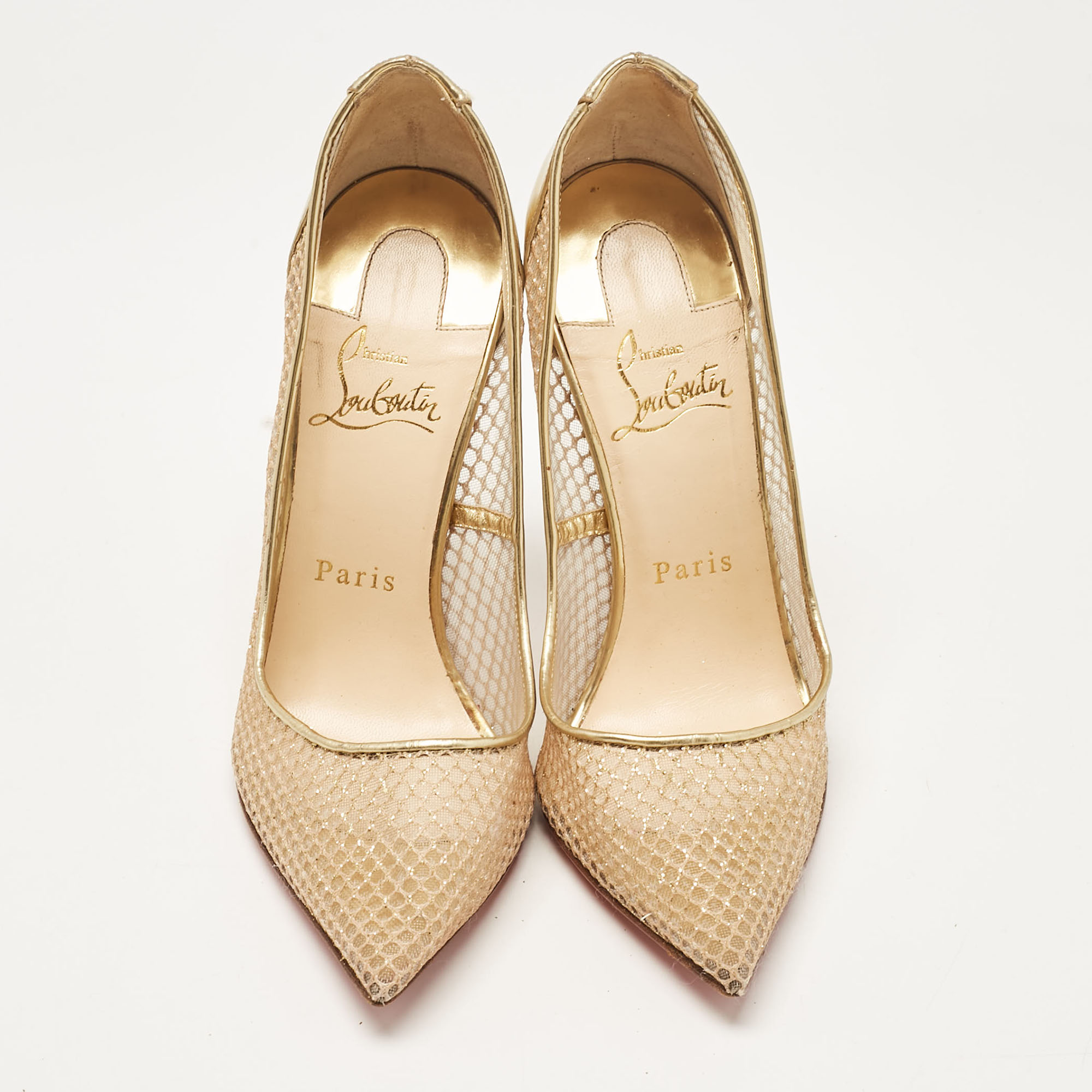 Christian Louboutin Gold Leather And Mesh Follies Resille Pumps Size 37