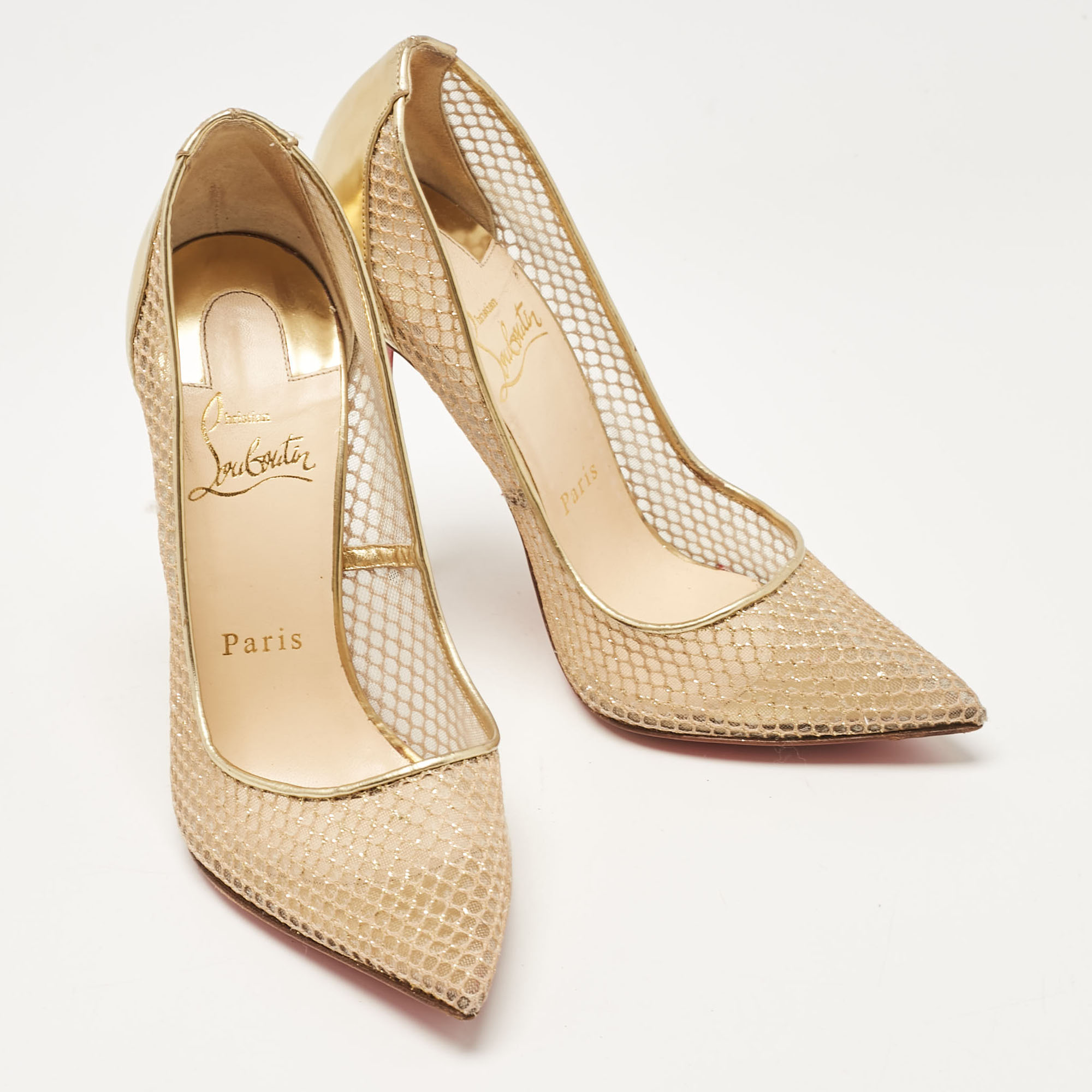 Christian Louboutin Gold Leather And Mesh Follies Resille Pumps Size 37