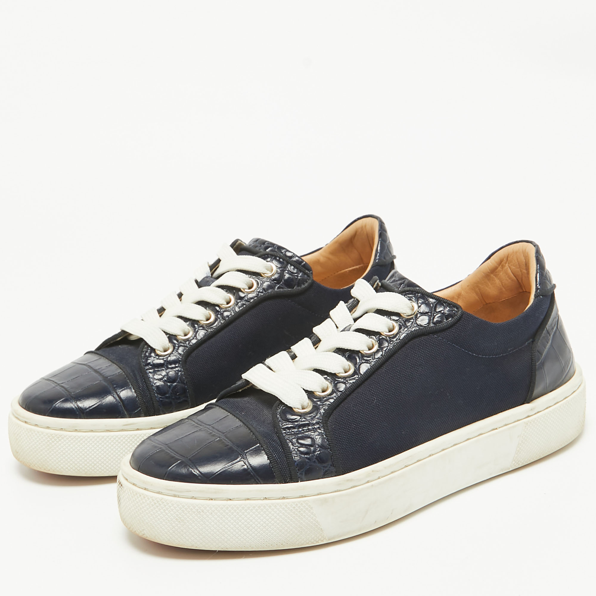 Christian Louboutin Navy Blue Canvas And Crocodile Leather Louis Sneakers Size 37.5