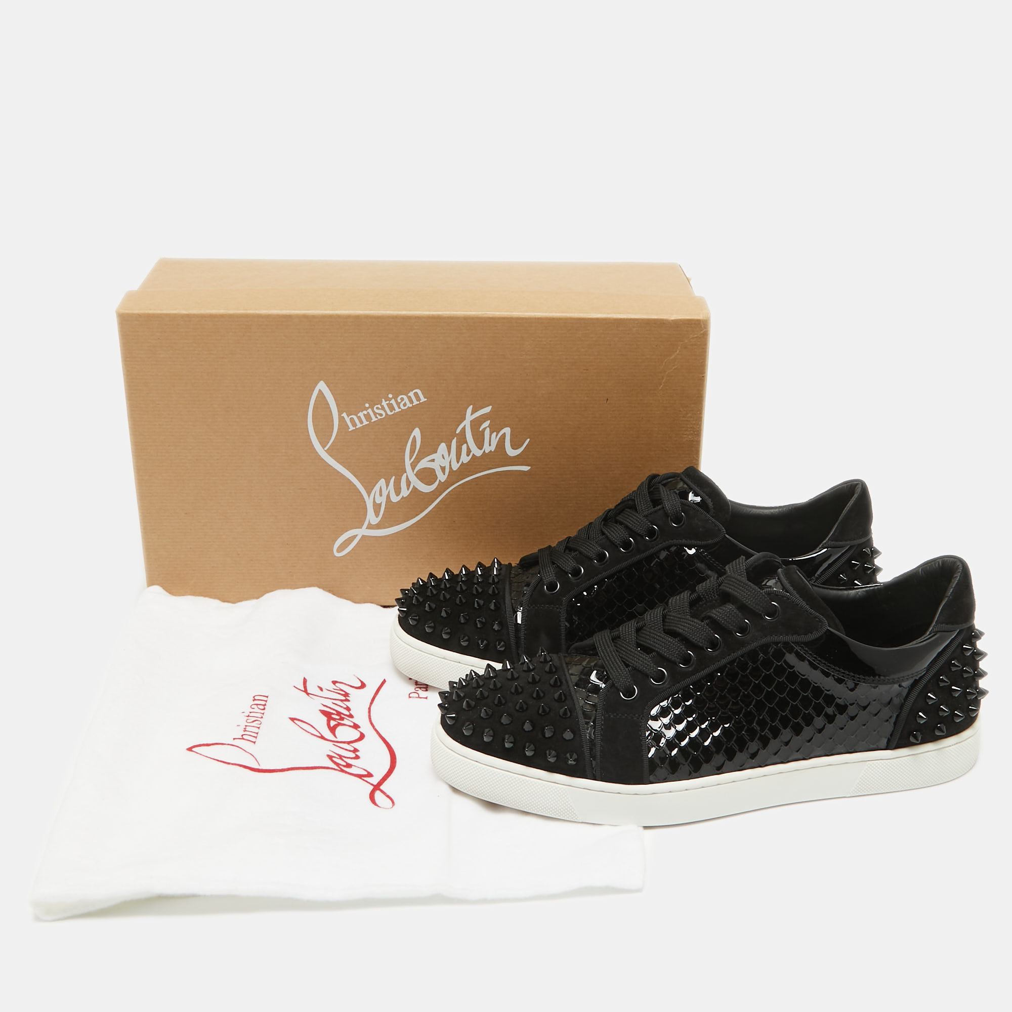 Christian Louboutin Black Embossed Patent Leather And Suede Vieira 2 Sneakers Size 40.5