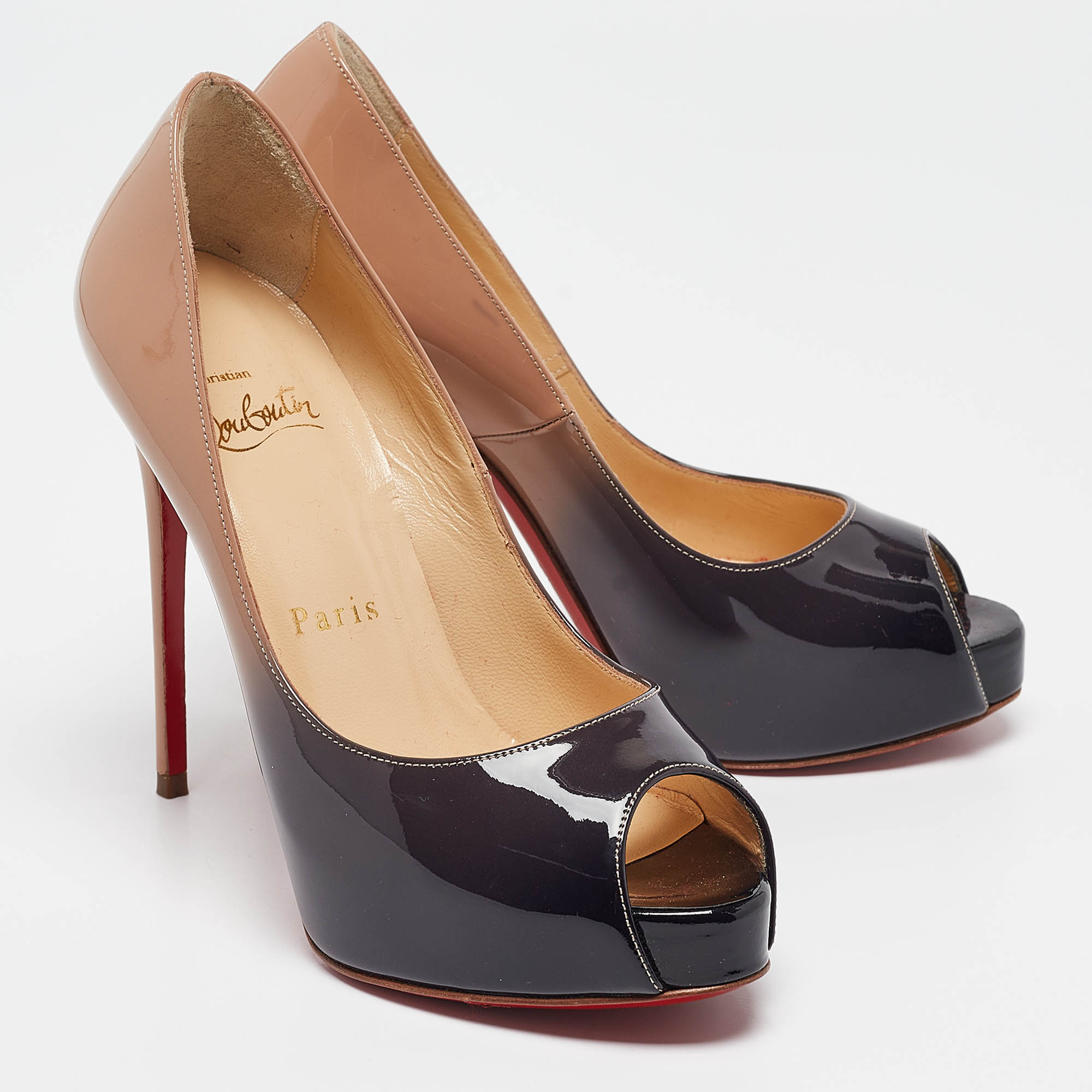 Christian Louboutin Beige Patent Leather Very Prive Peep Toe Pumps Size 34