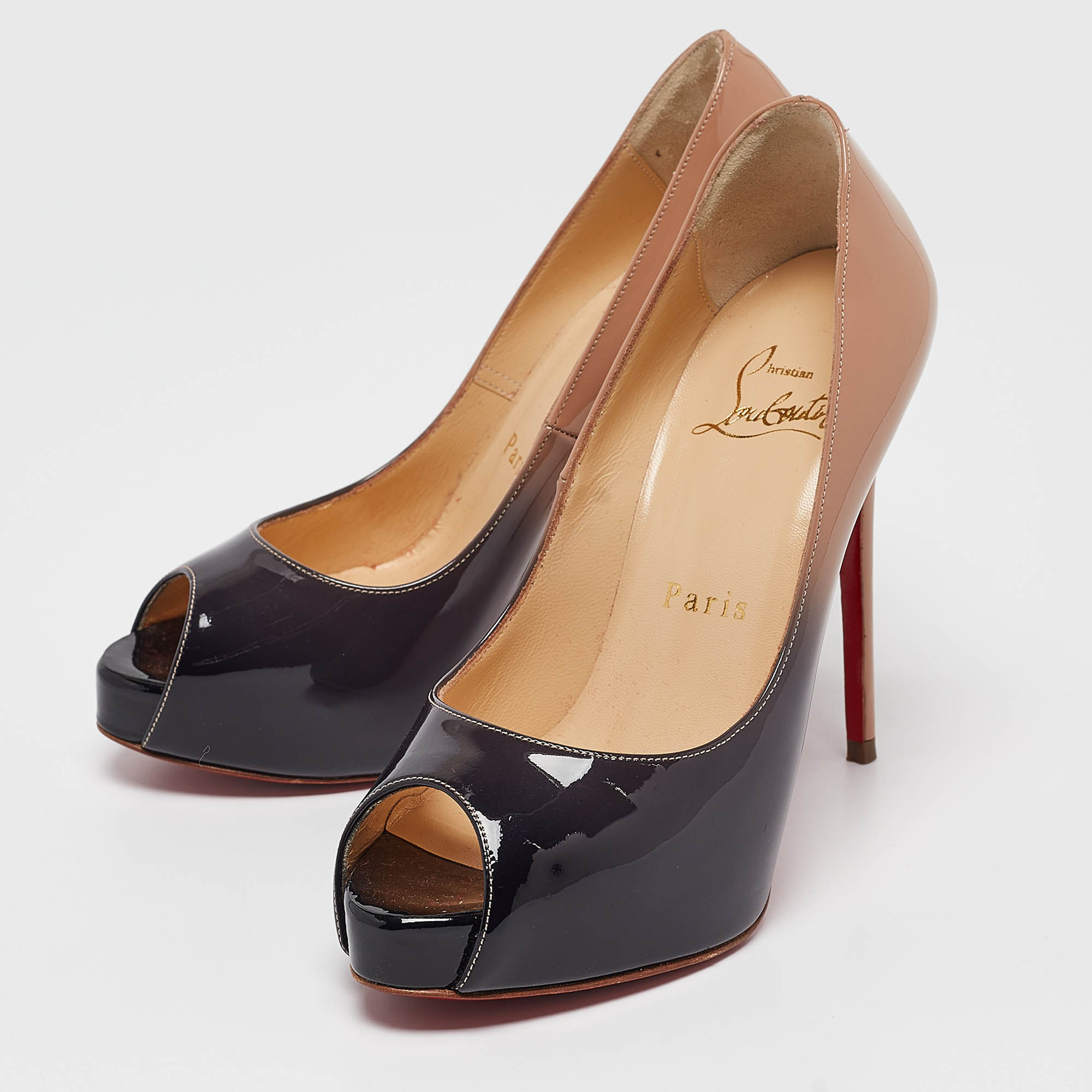 Christian Louboutin Beige Patent Leather Very Prive Peep Toe Pumps Size 34