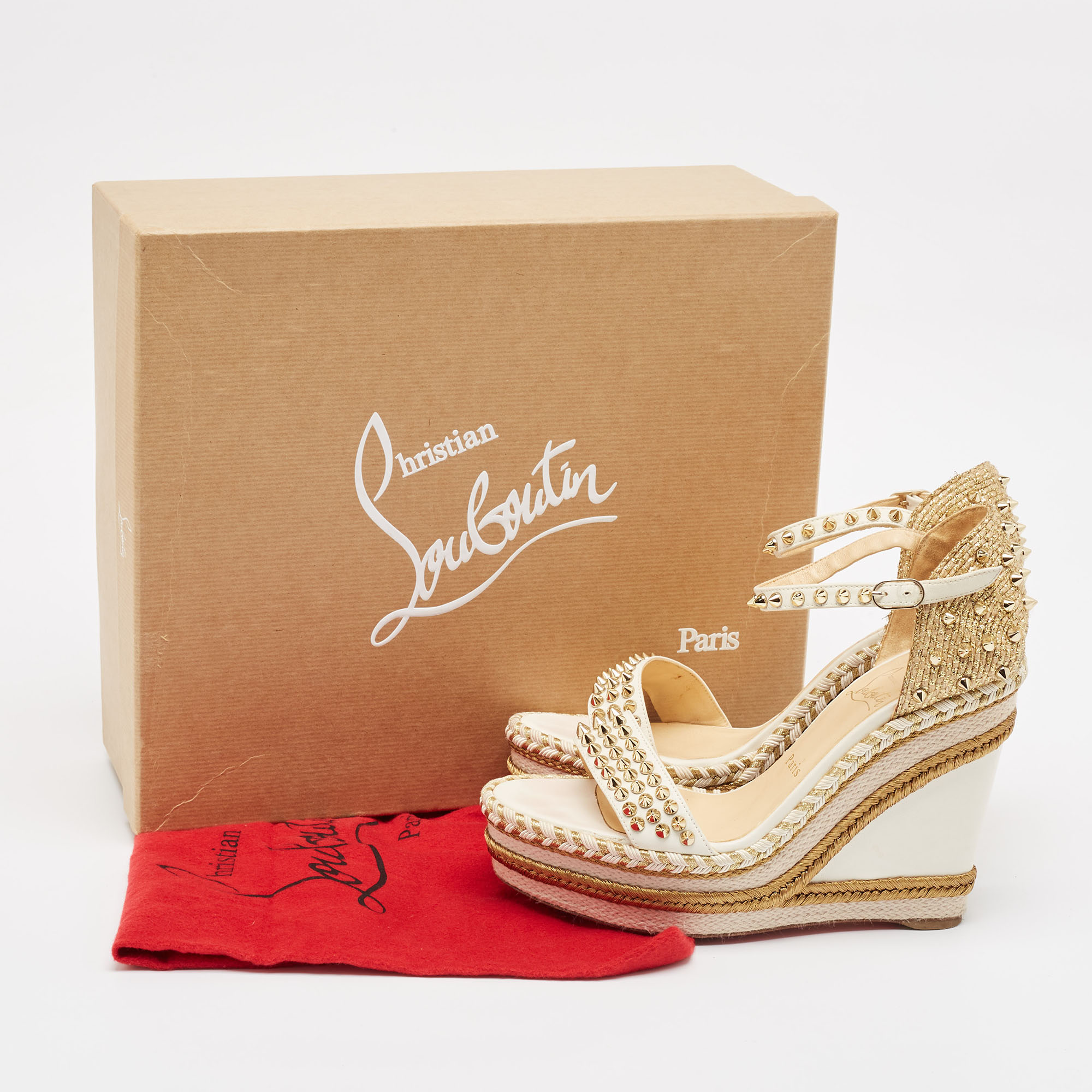 Christian Louboutin Cream Leather And Raffia Wedge Ankle Strap Sandals Size 40