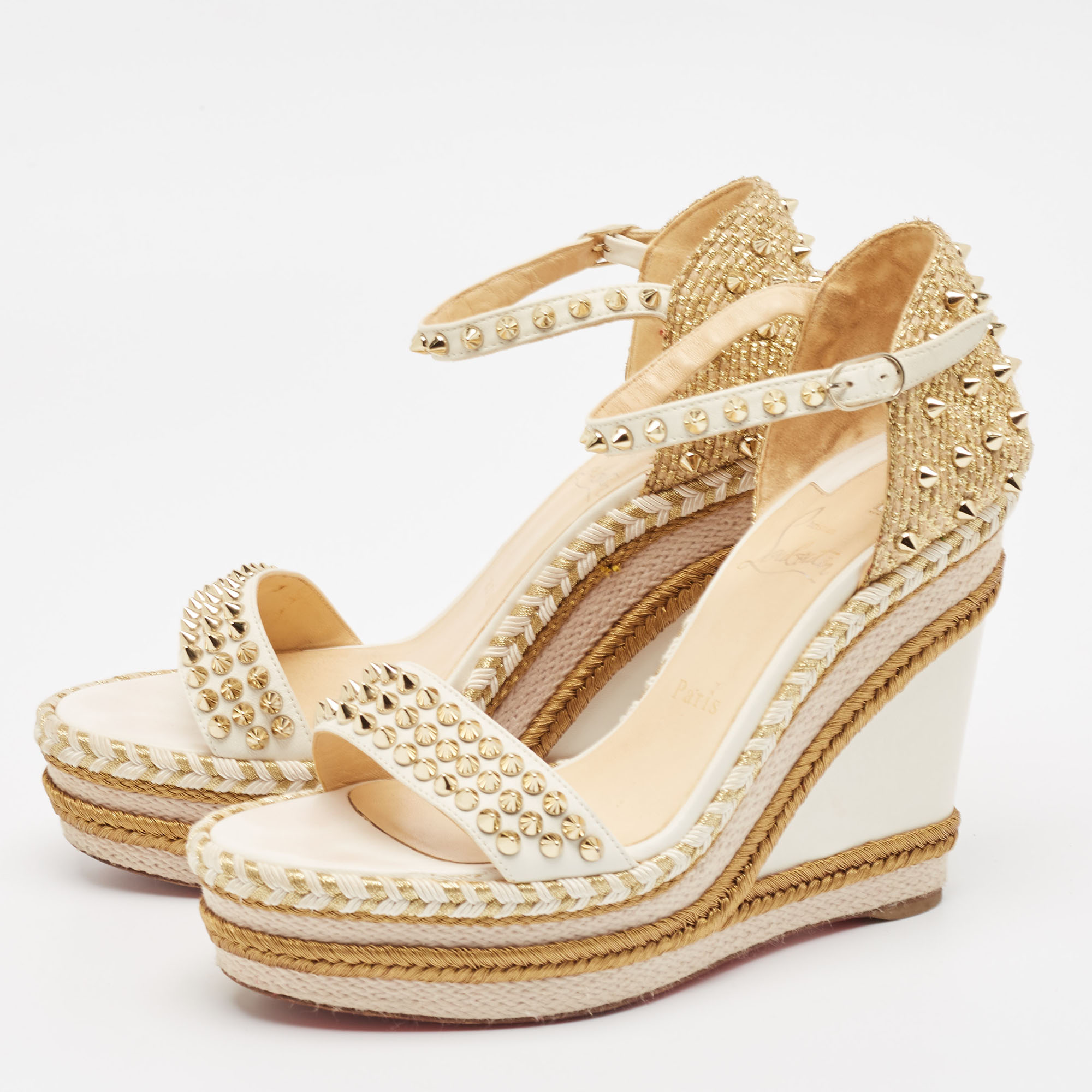 Christian Louboutin Cream Leather And Raffia Wedge Ankle Strap Sandals Size 40