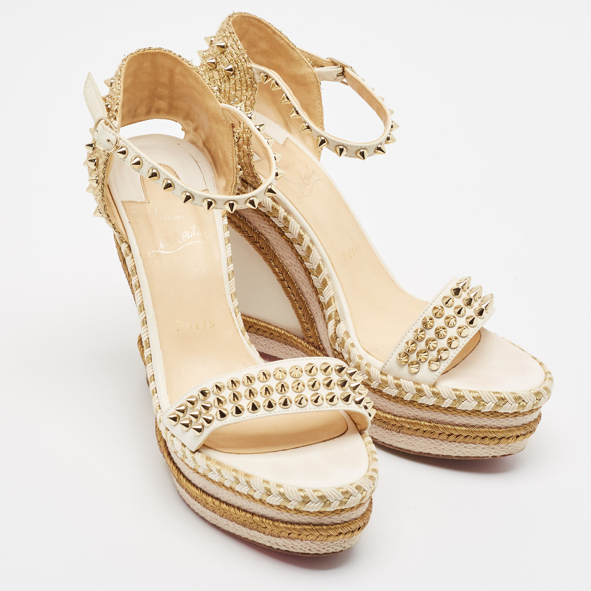 Christian Louboutin Cream Leather And Raffia Wedge Ankle Strap Sandals Size 40