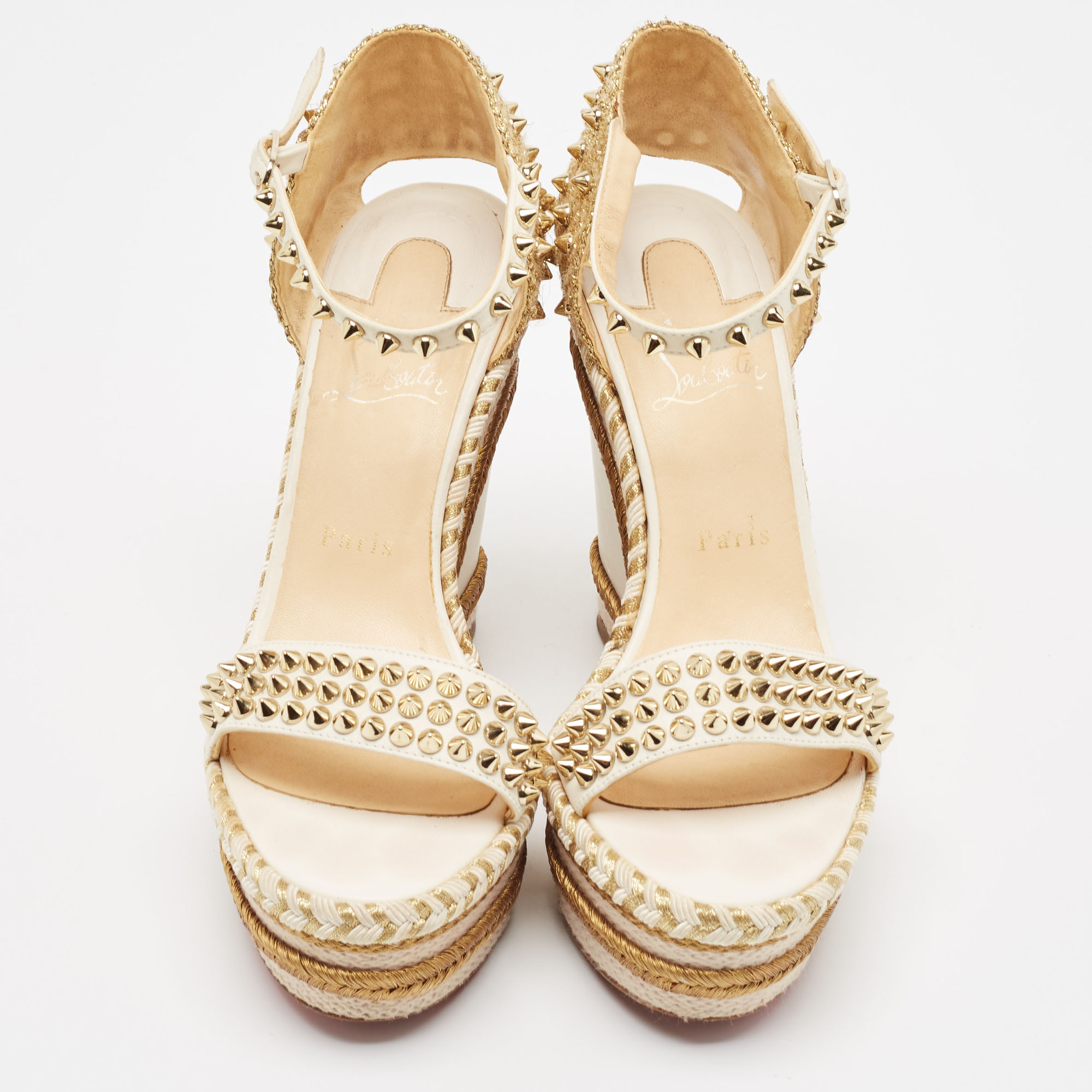 Christian Louboutin Cream Leather And Raffia Wedge Ankle Strap Sandals Size 40