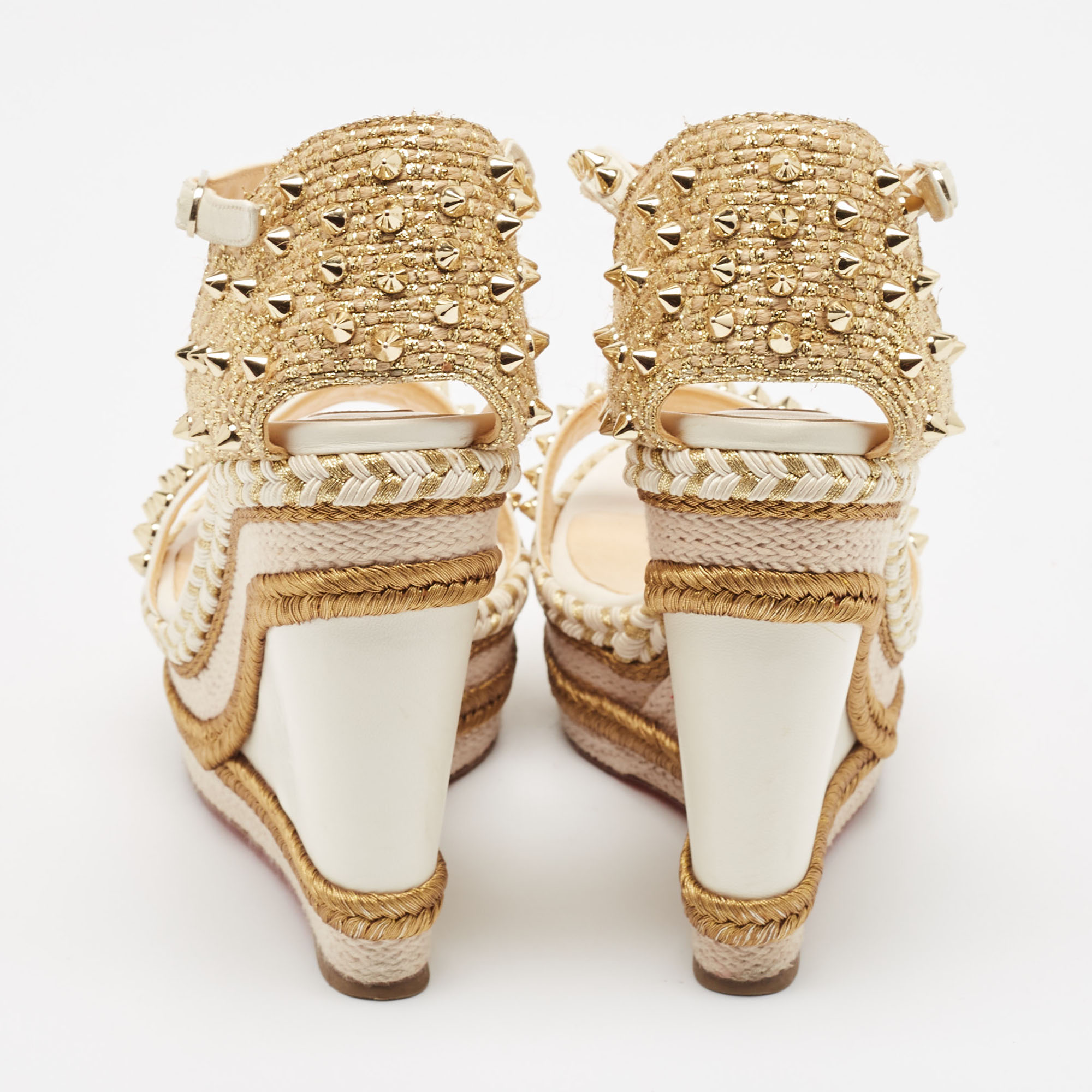 Christian Louboutin Cream Leather And Raffia Wedge Ankle Strap Sandals Size 40