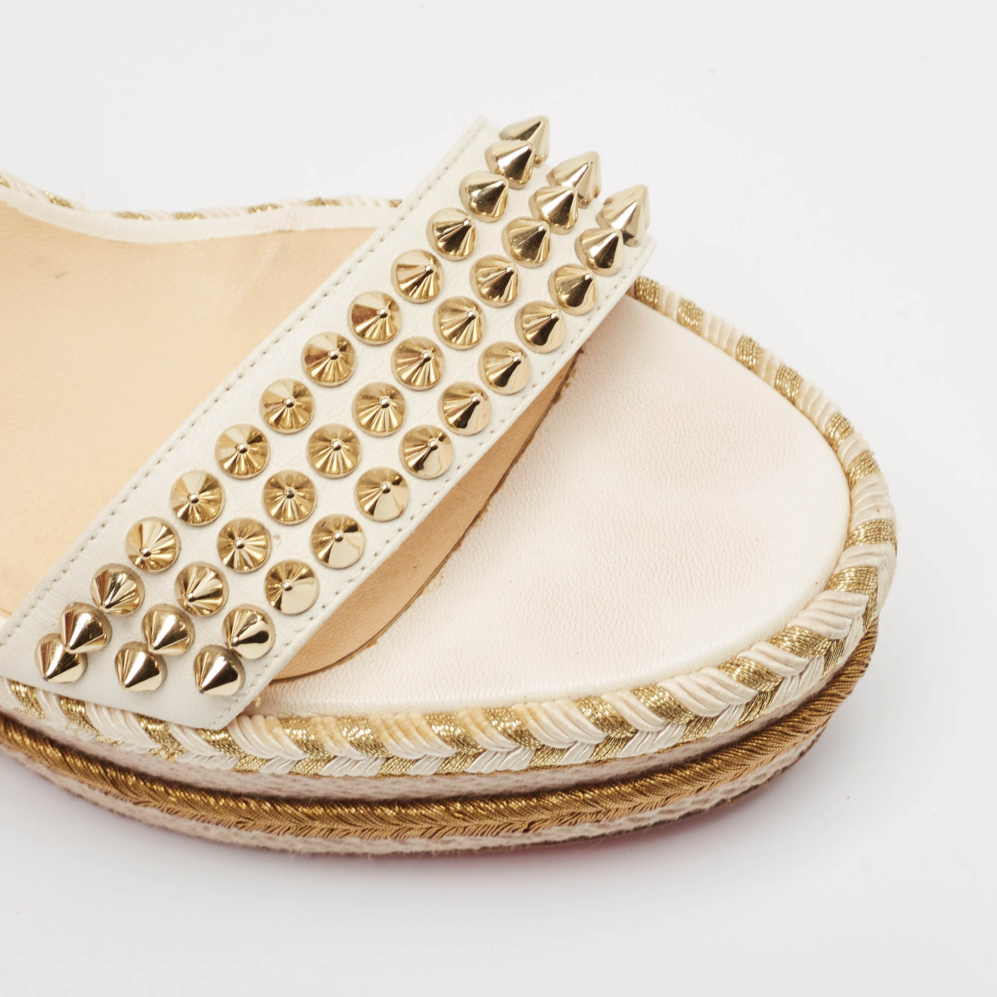 Christian Louboutin Cream Leather And Raffia Wedge Ankle Strap Sandals Size 40