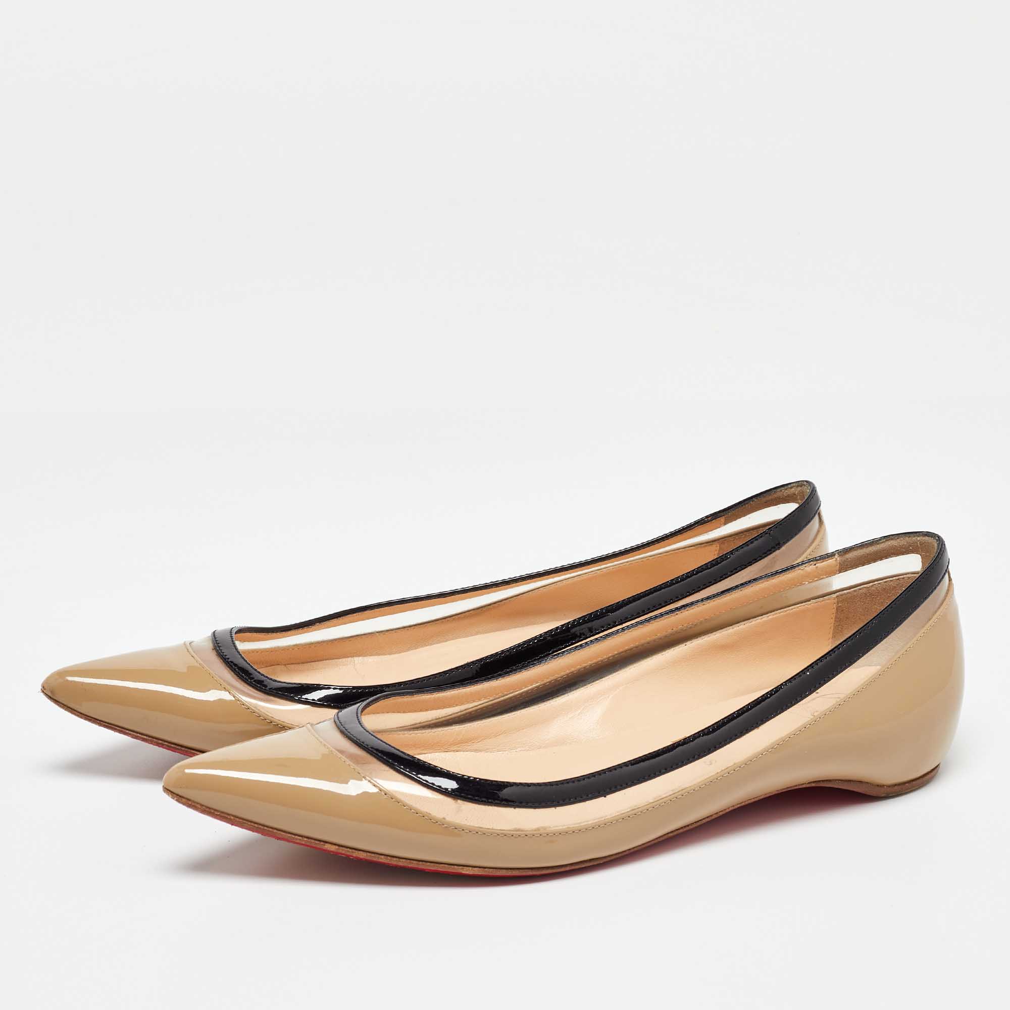 Christian Louboutin Beige/Black Patent Leather And PVC Paulina Ballet Flats Size 36