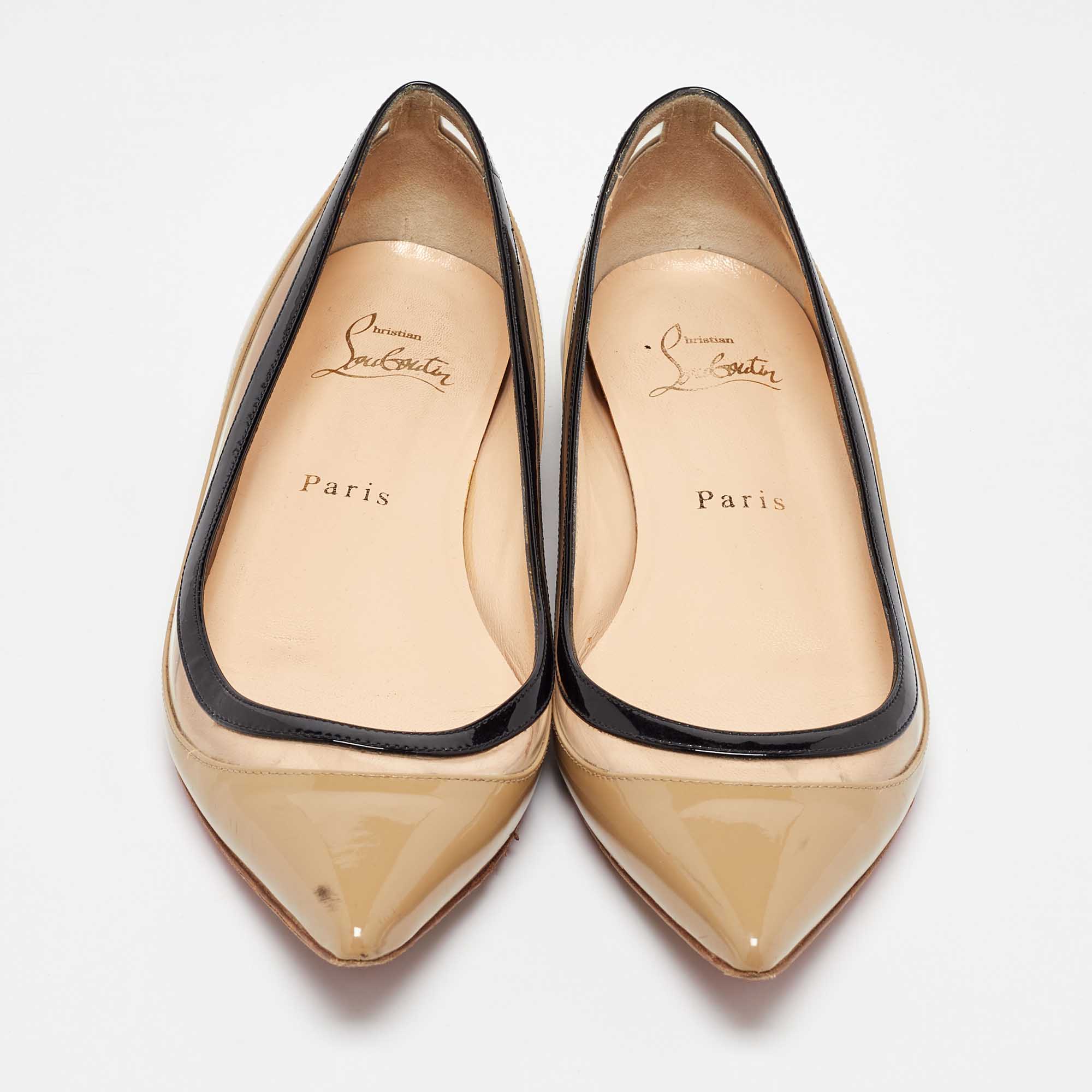 Christian Louboutin Beige/Black Patent Leather And PVC Paulina Ballet Flats Size 36