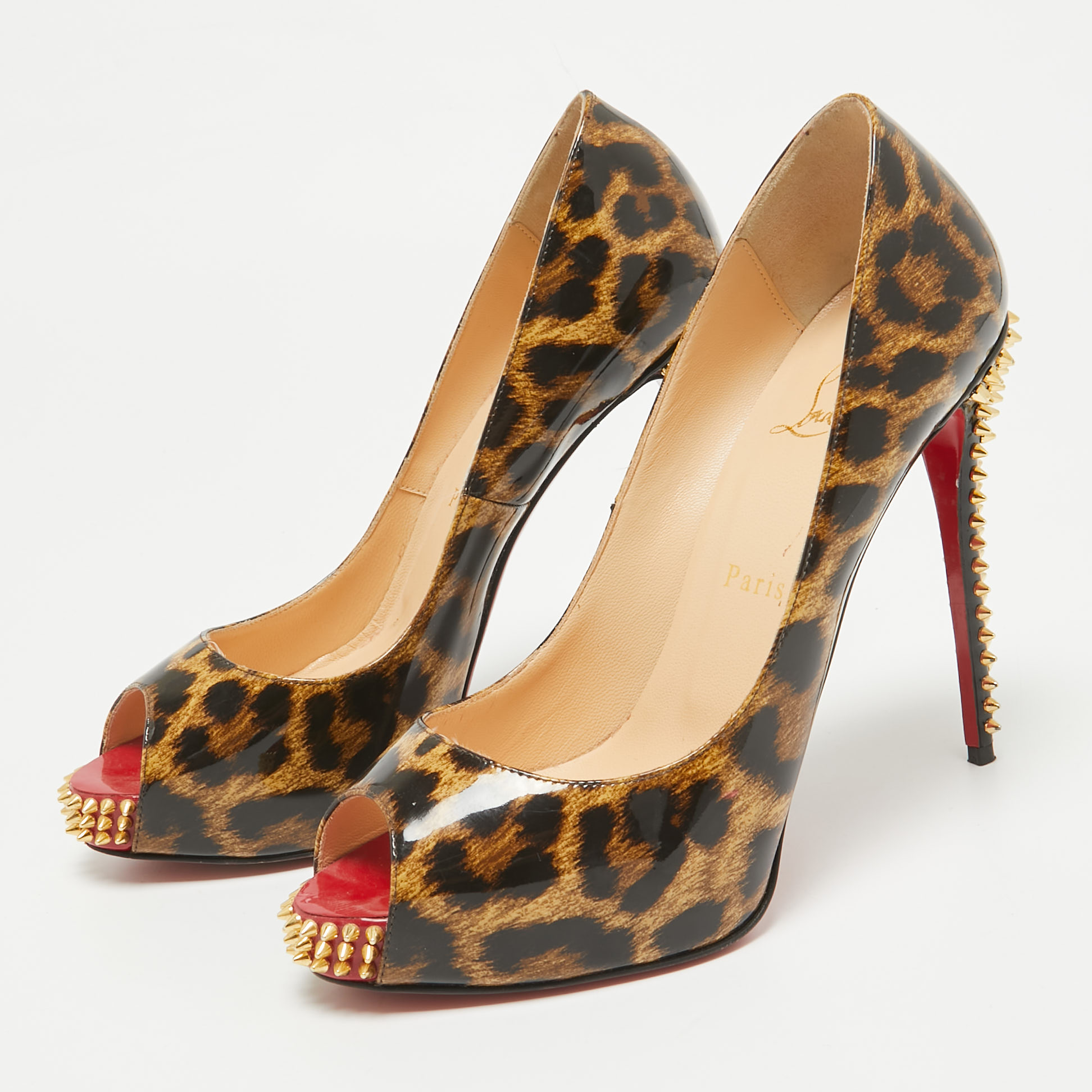 Christian Louboutin Brown/Black Leopard Print Patent New Very Prive Spike Pumps Size 38