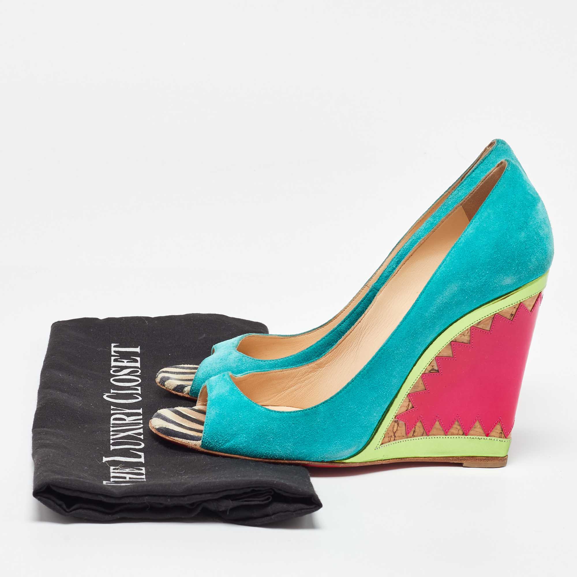 Christian Louboutin Multicolor Suede And Patent Leather Miramar Wedge Pumps Size 38.5