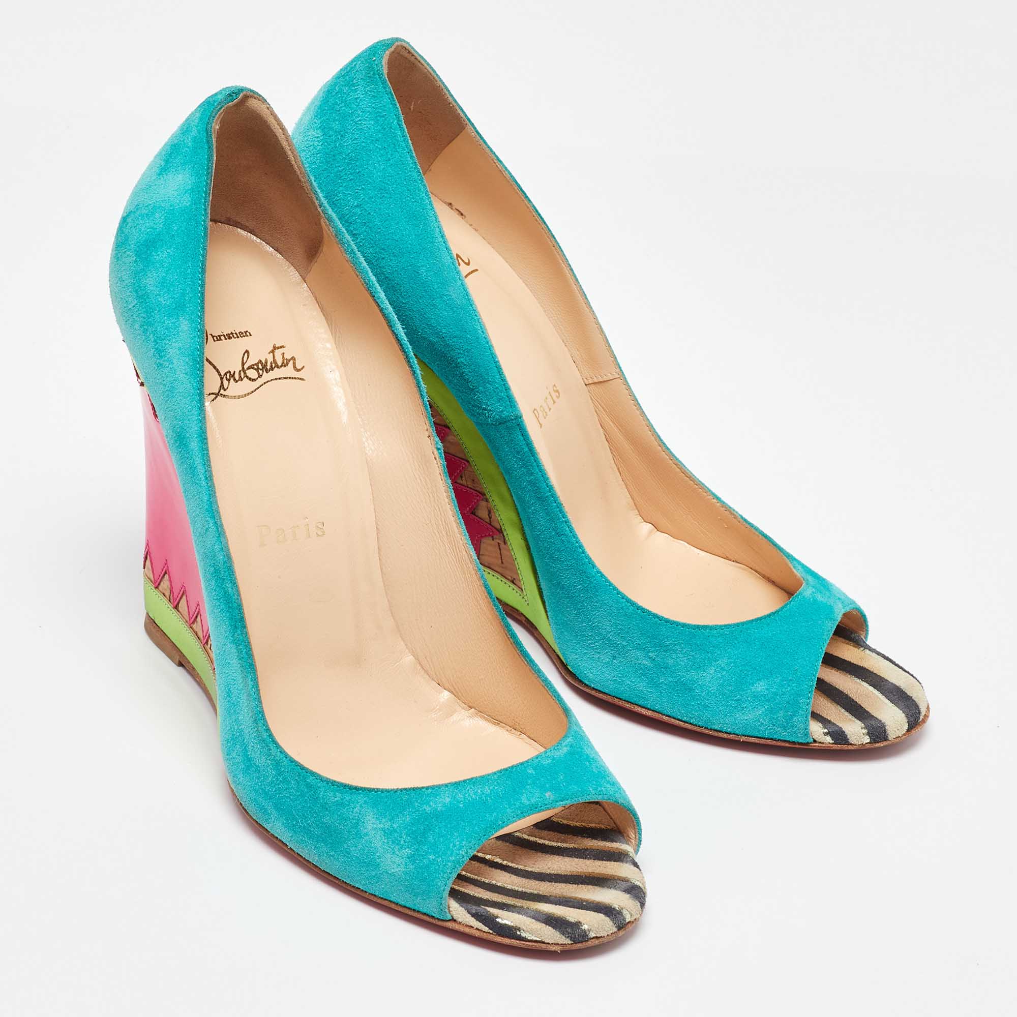 Christian Louboutin Multicolor Suede And Patent Leather Miramar Wedge Pumps Size 38.5