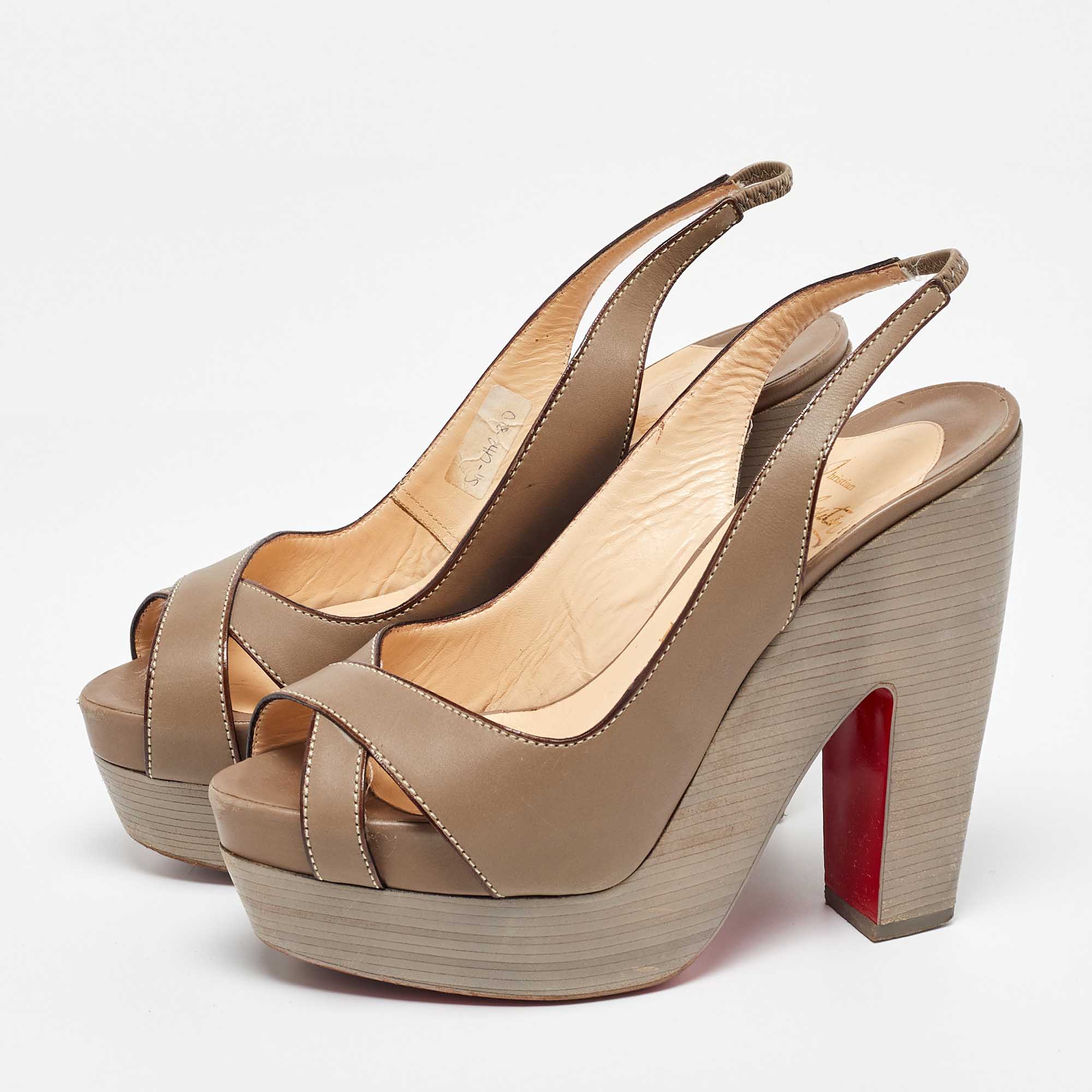 Christian Louboutin Taupe Leather Very Croise Slingback Platform Sandals Size 36.5