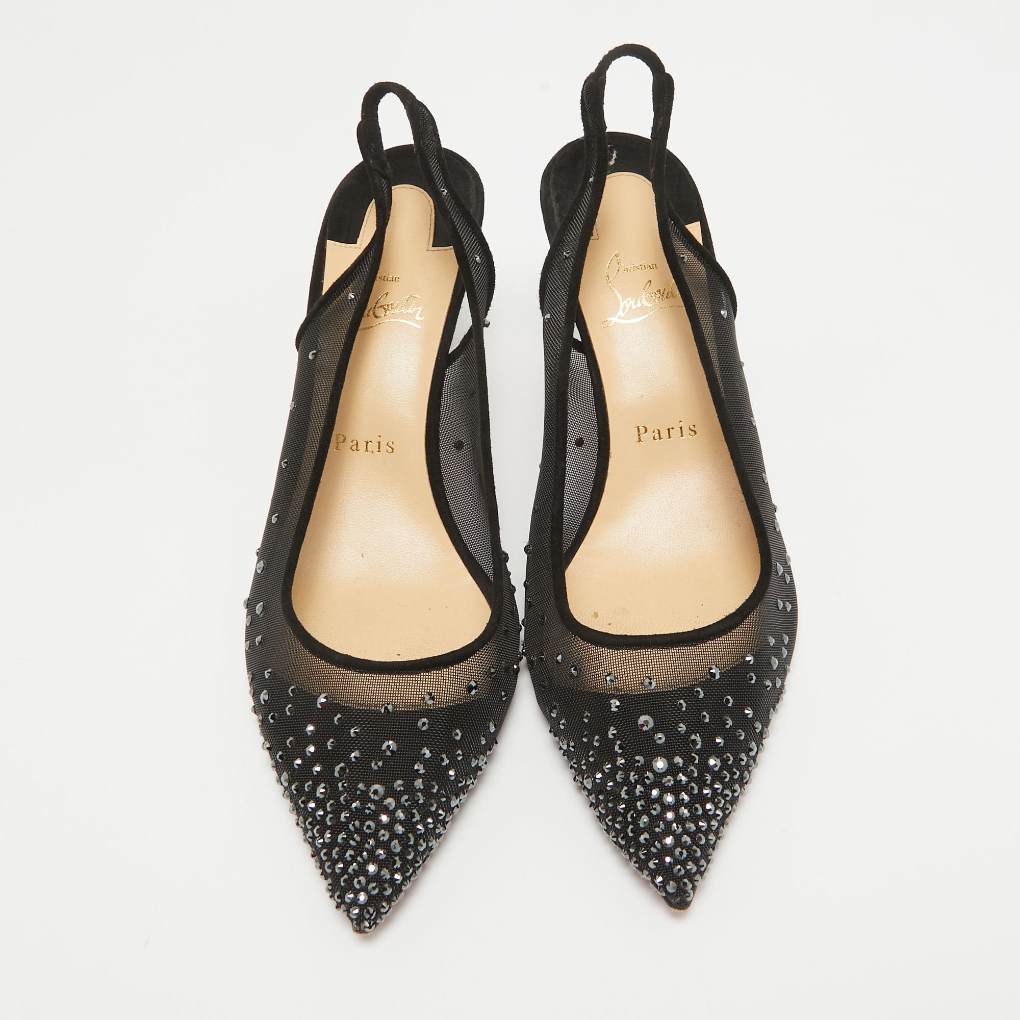 Christian Louboutin Black Mesh Follies Strass Slingback Pumps Size 39.5