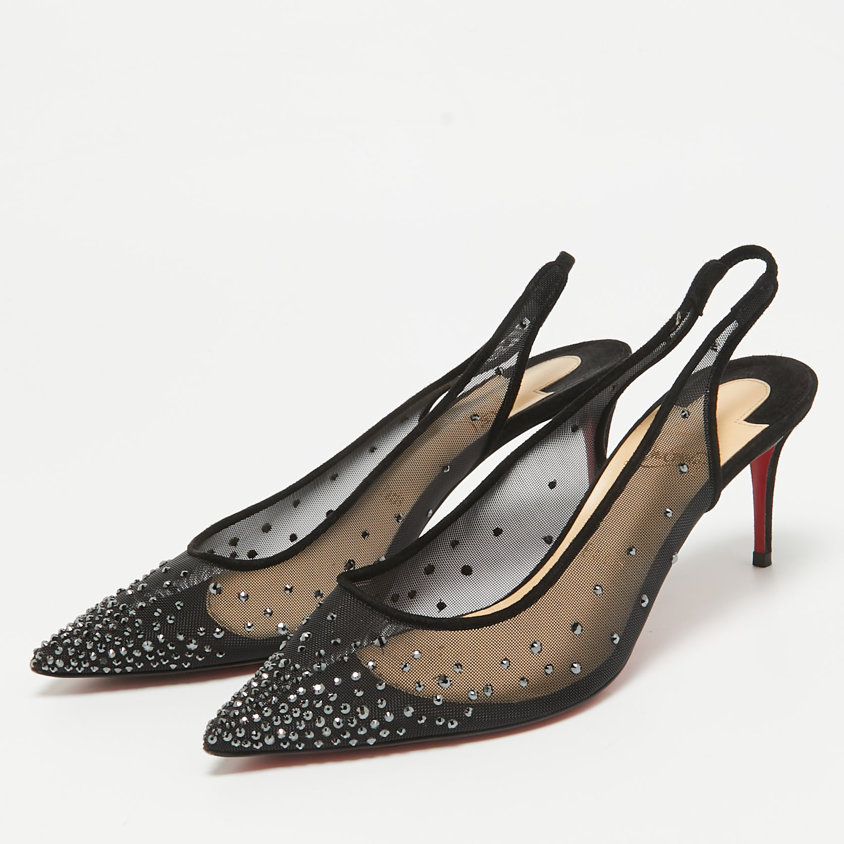 Christian Louboutin Black Mesh Follies Strass Slingback Pumps Size 39.5