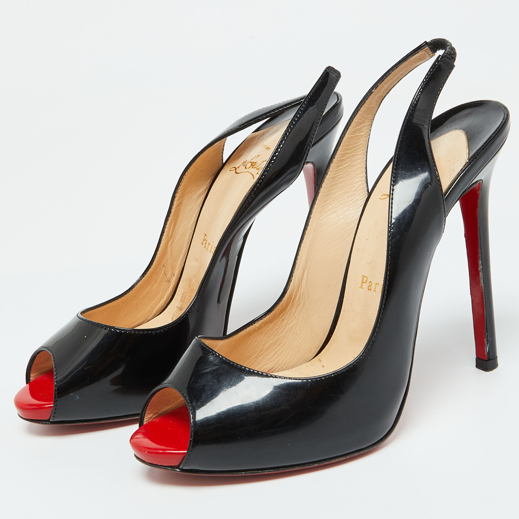 Christian Louboutin Black Patent Leather Private Number Slingback Sandals Size 37.5