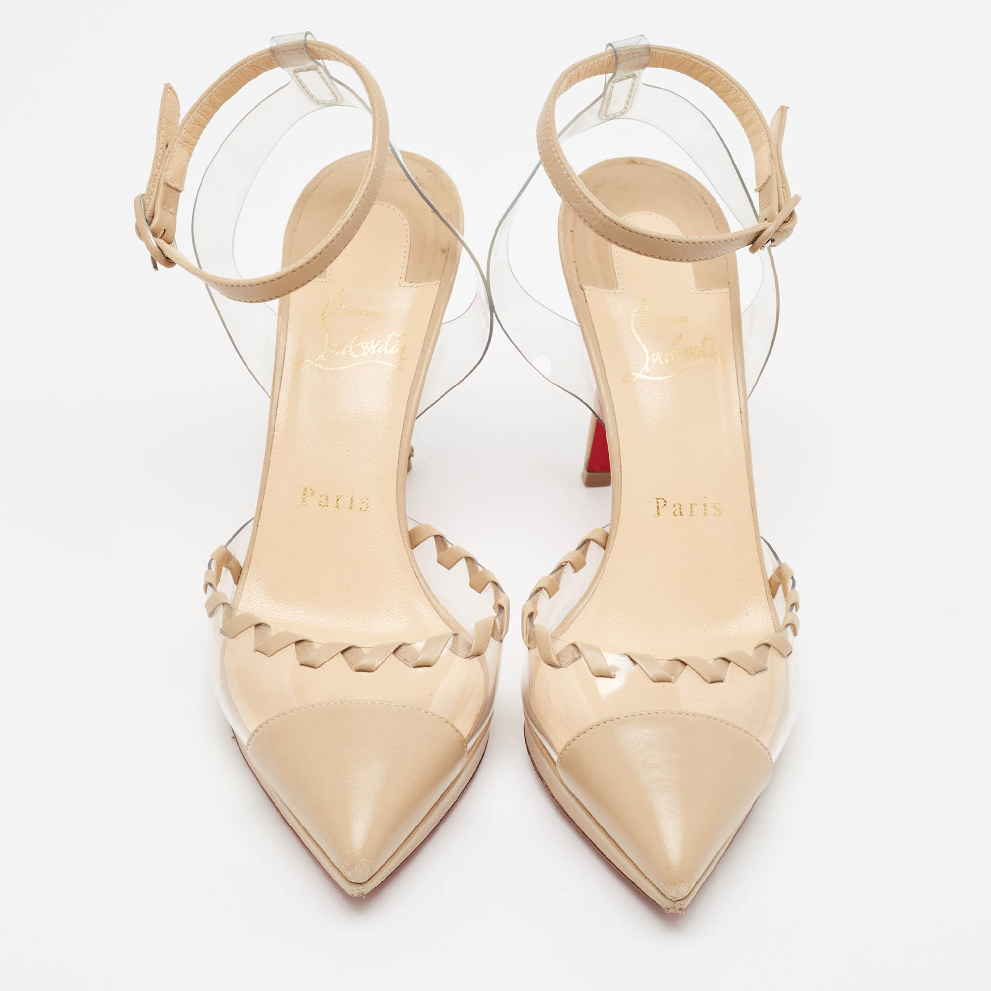 Christian Louboutin Beige Leather And PVC Platform Ankle Strap Pumps Size 38