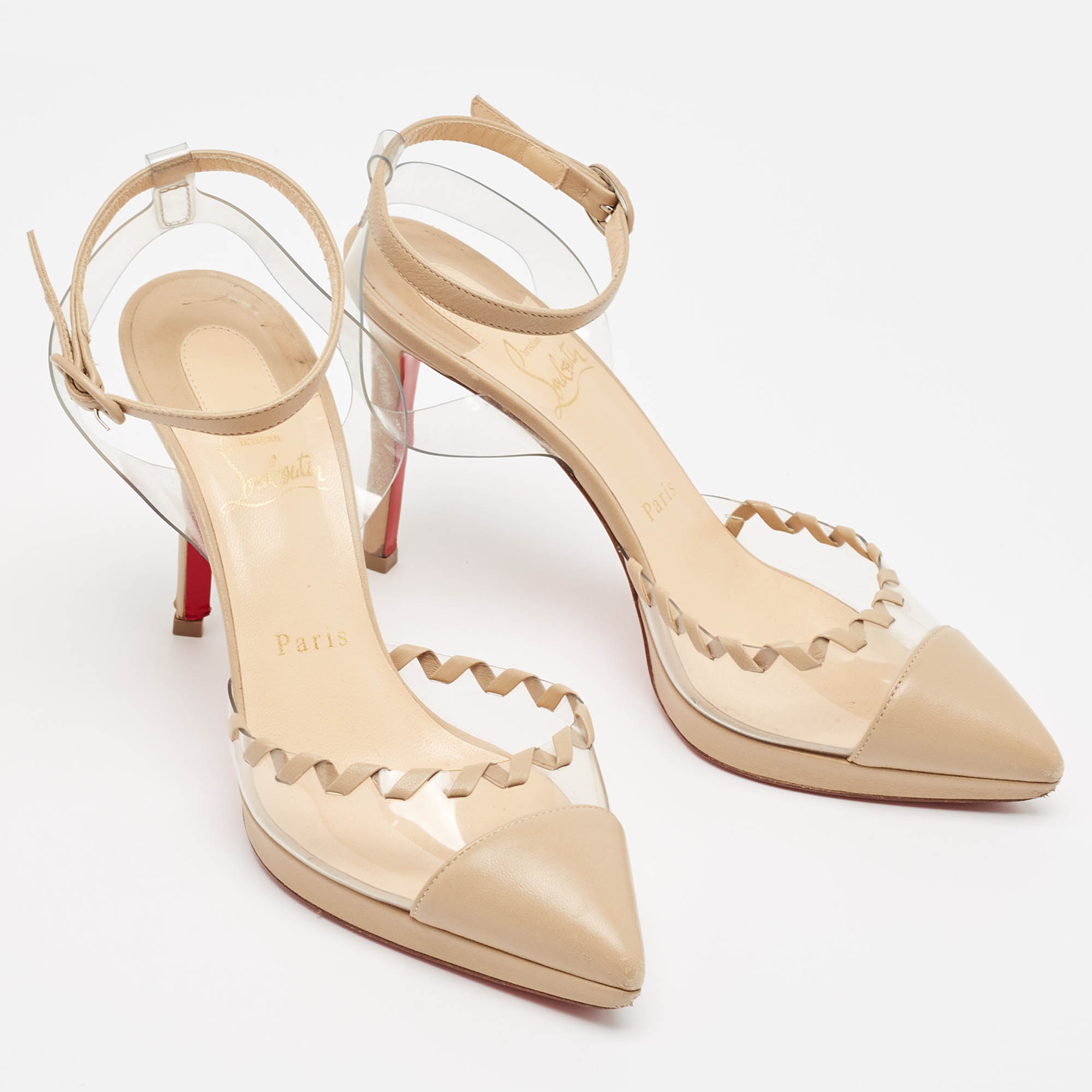 Christian Louboutin Beige Leather And PVC Platform Ankle Strap Pumps Size 38