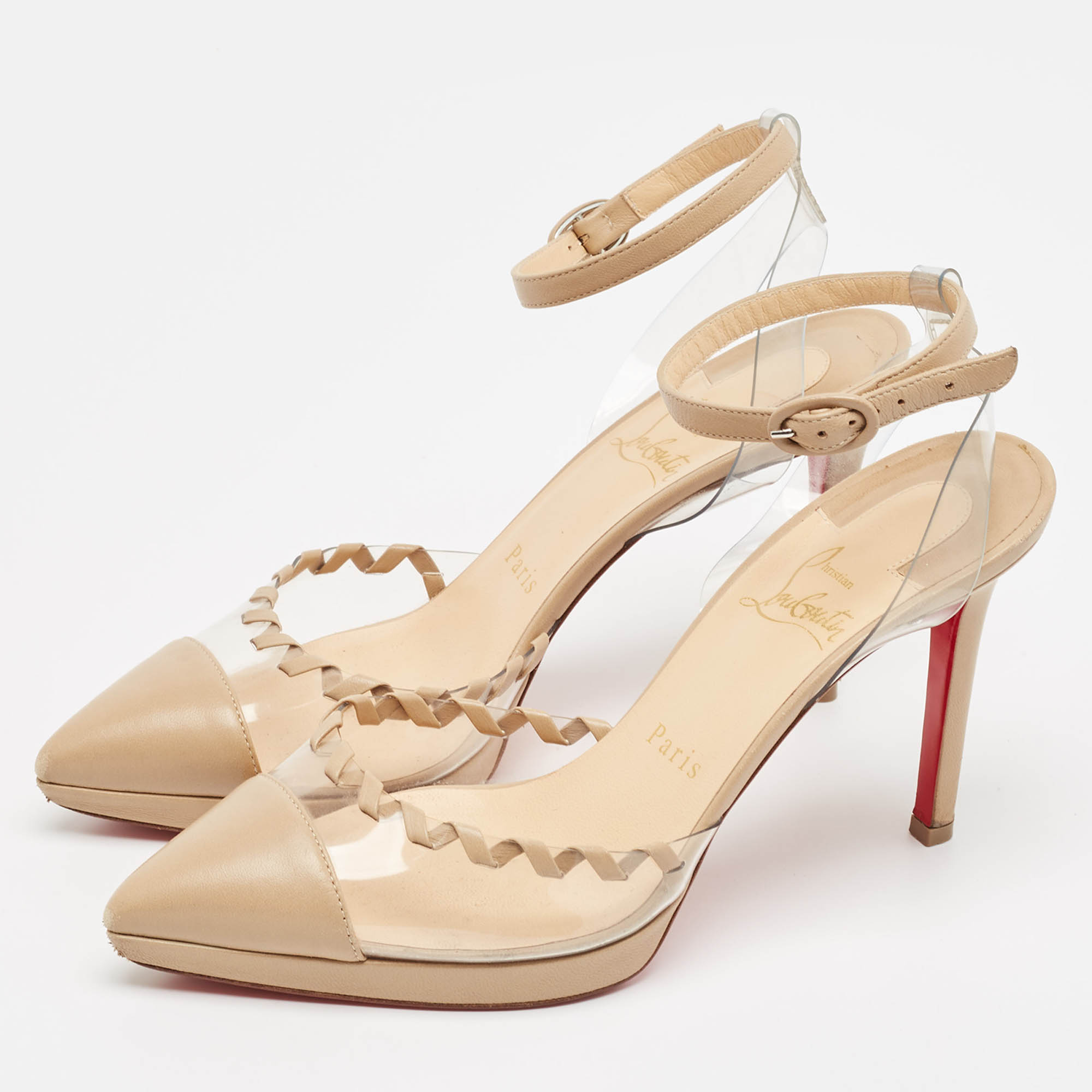 Christian Louboutin Beige Leather And PVC Platform Ankle Strap Pumps Size 38