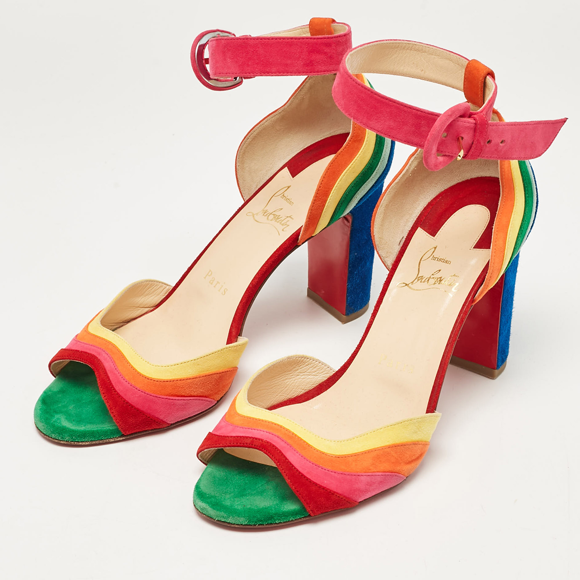 Christian Louboutin Multicolor Suede Rainbow Ankle Strap Sandals Size 38