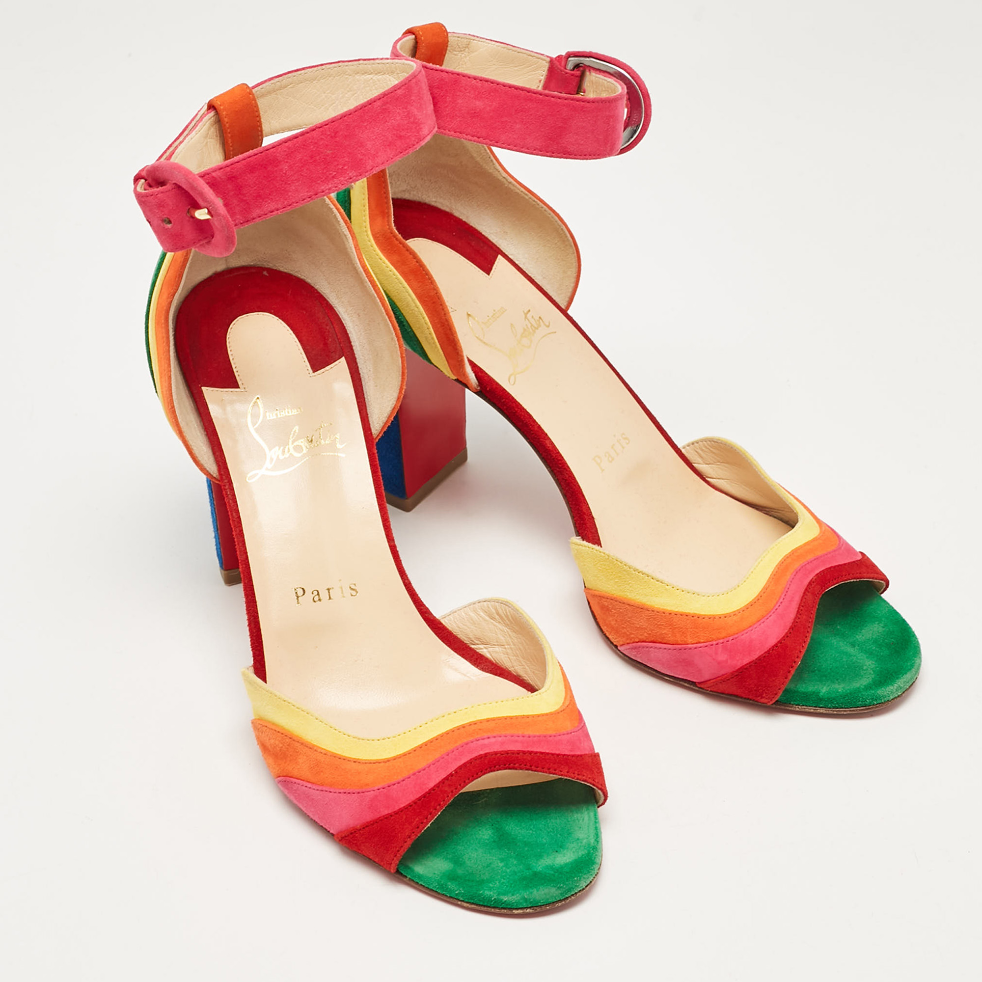 Christian Louboutin Multicolor Suede Rainbow Ankle Strap Sandals Size 38