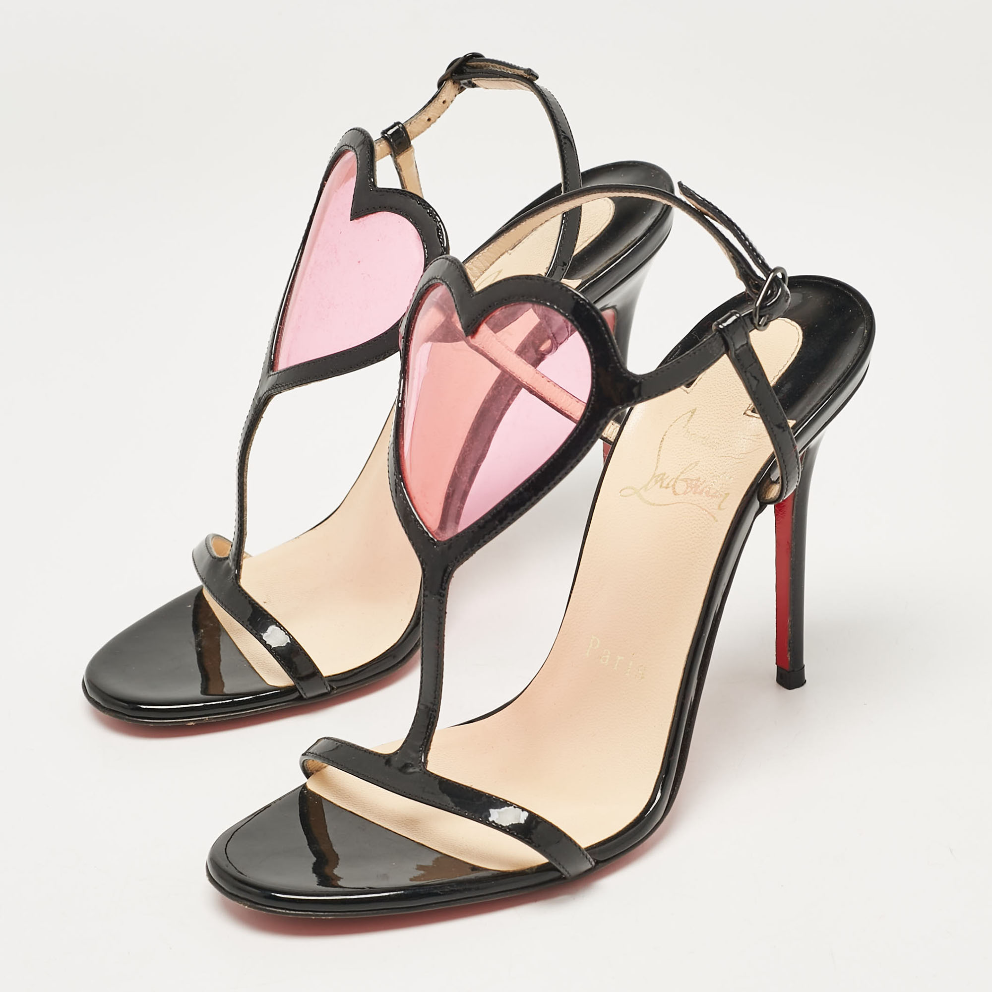 Christian Louboutin Black Patent Leather And PVC Cora Heart Ankle Strap Sandals Size 36