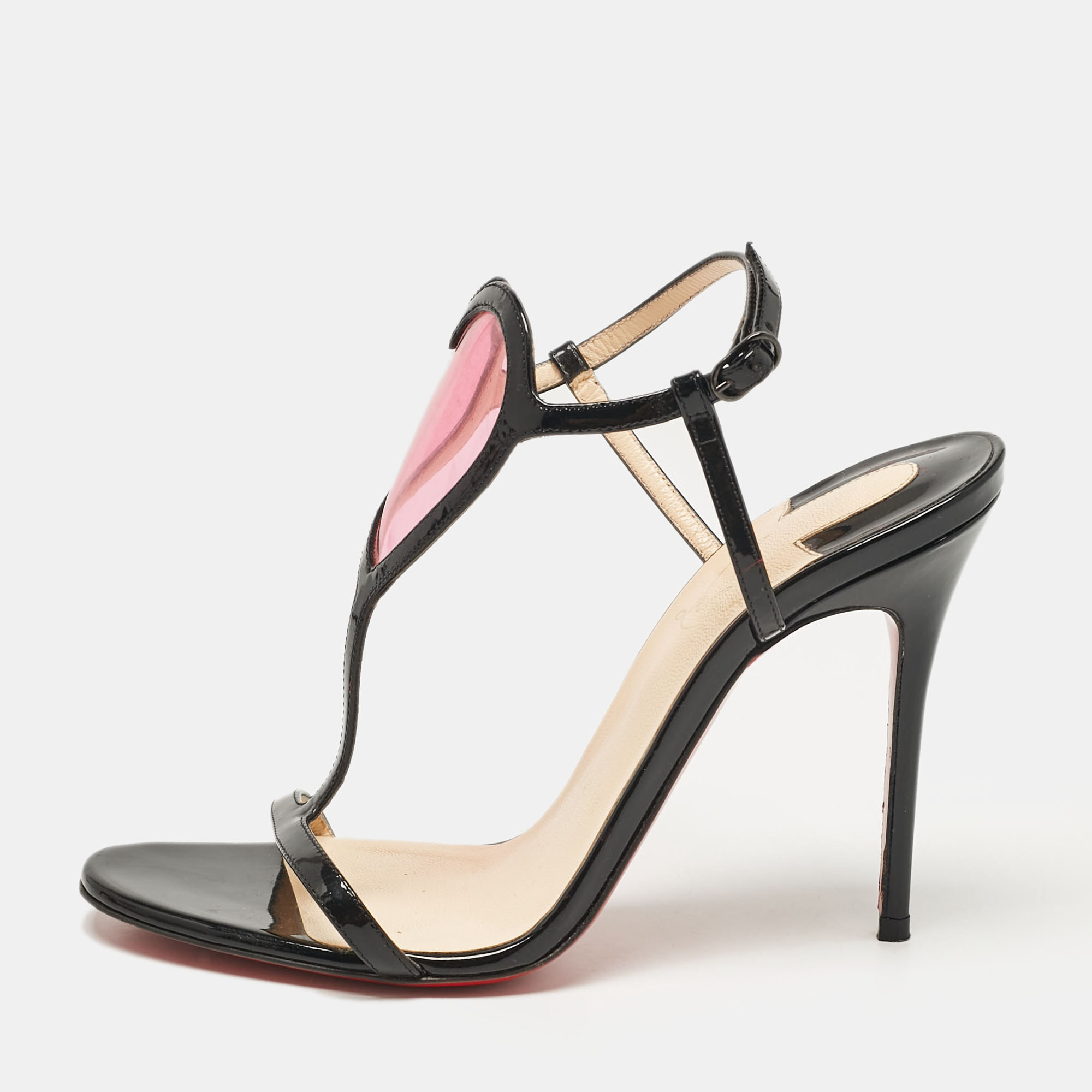 Christian Louboutin Black Patent Leather And PVC Cora Heart Ankle Strap Sandals Size 36