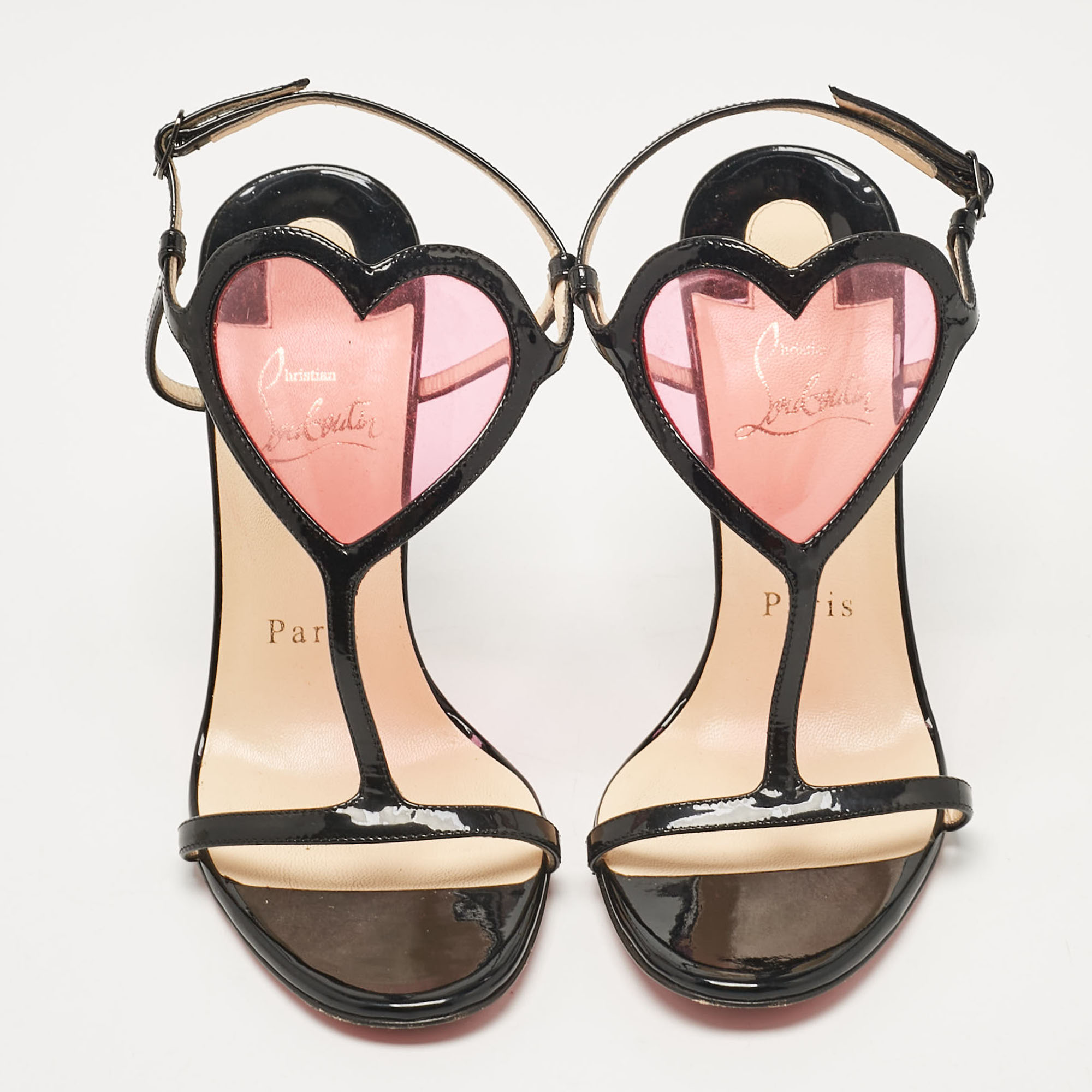 Christian Louboutin Black Patent Leather And PVC Cora Heart Ankle Strap Sandals Size 36