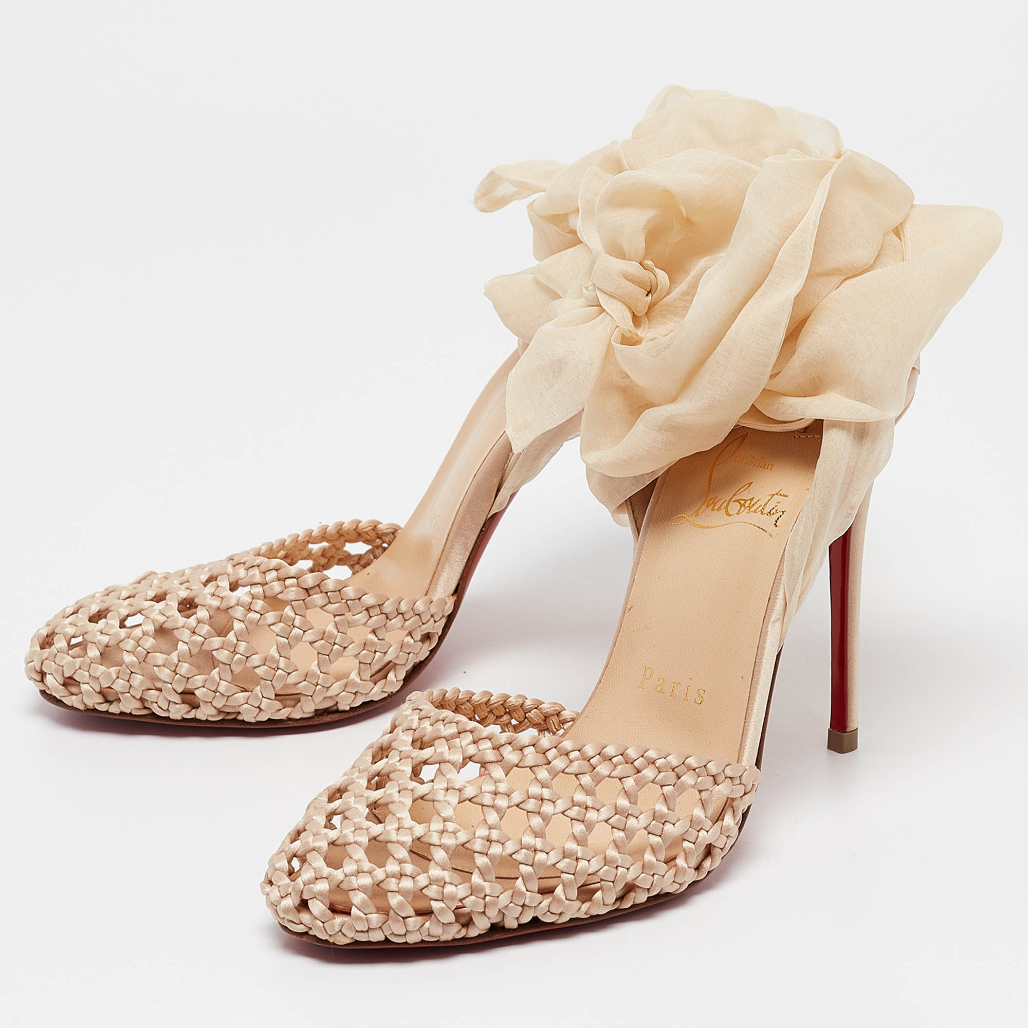 Christian Louboutin Beige Woven Satin And Fabric Ankle Tie Pumps Size 35.5