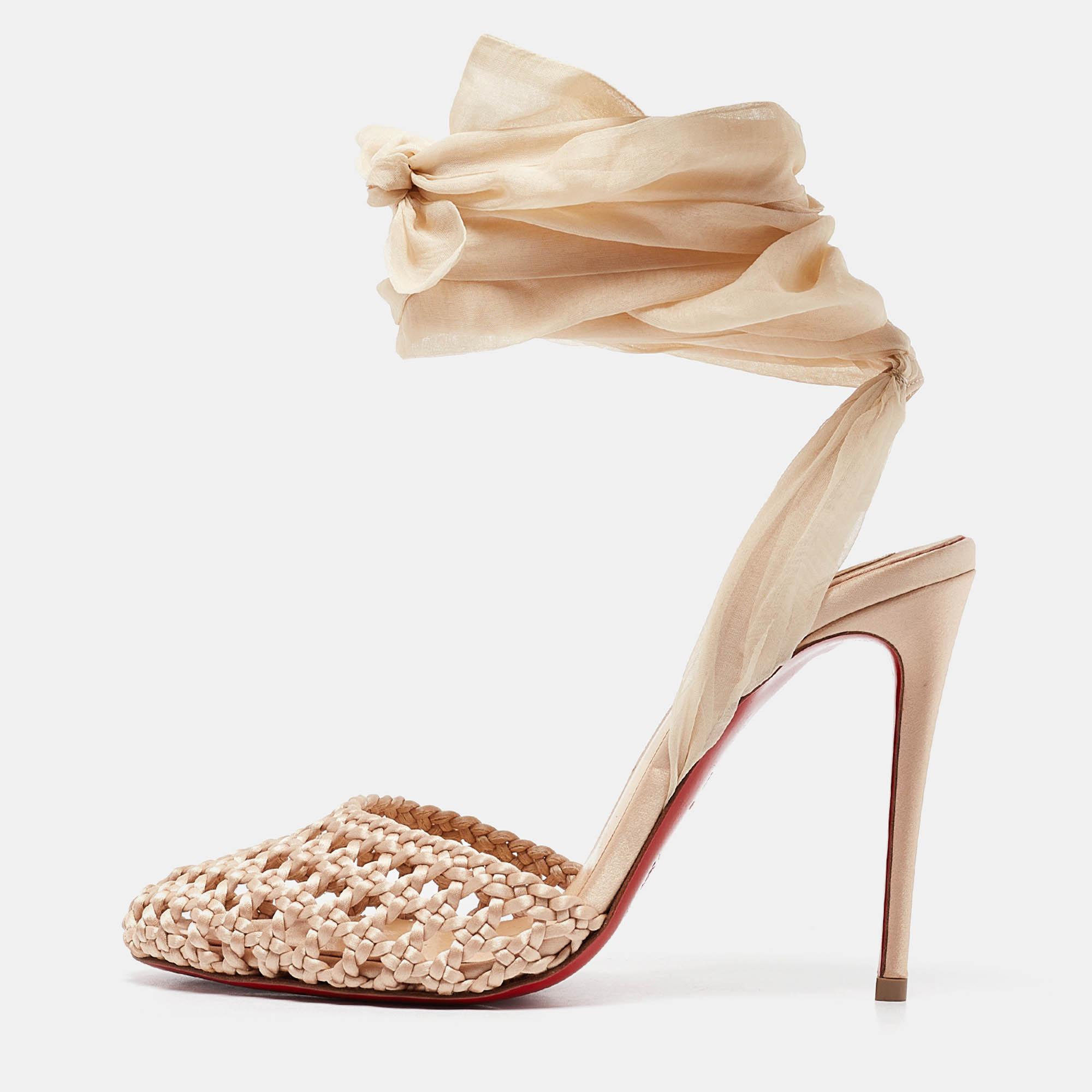 Christian Louboutin Beige Woven Satin And Fabric Ankle Tie Pumps Size 35.5