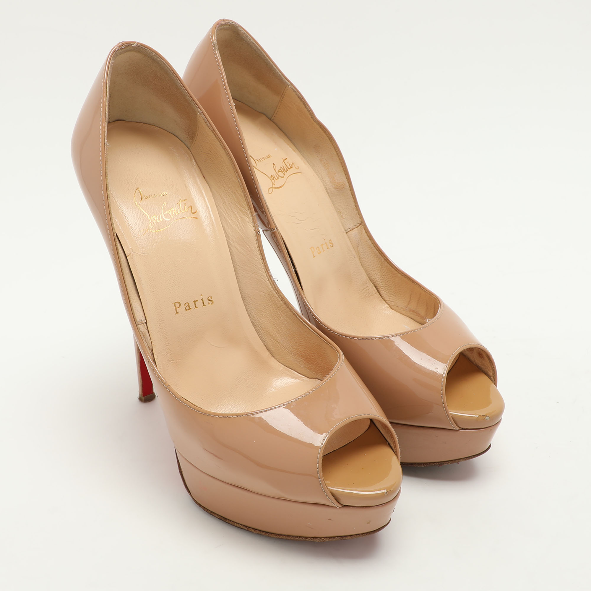 Christian Louboutin Beige Patent Leather Lady Peep Peep Toe Platform Pumps Size 38