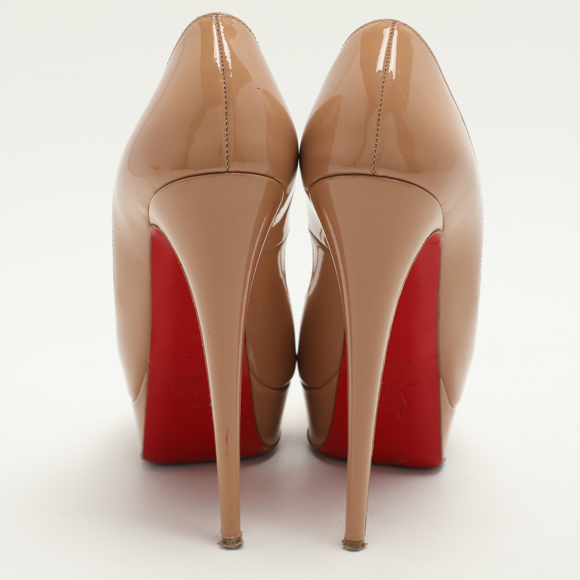 Christian Louboutin Beige Patent Leather Lady Peep Peep Toe Platform Pumps Size 38