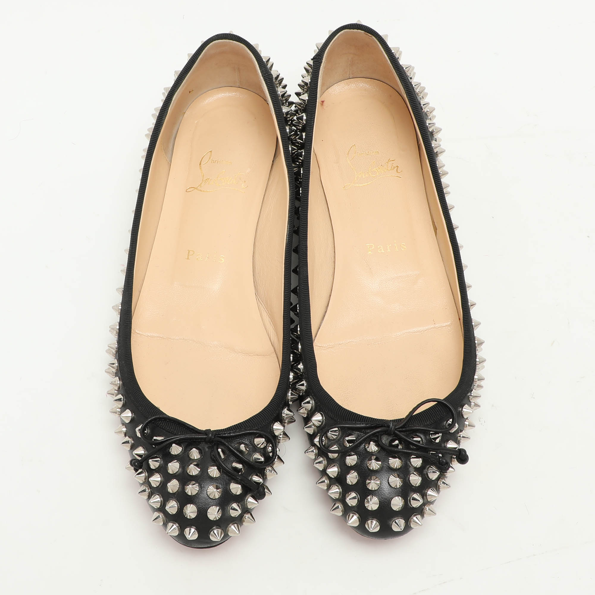 Christian Louboutin Black Leather Sonietta Spikes Bow Ballet Flats 38.5