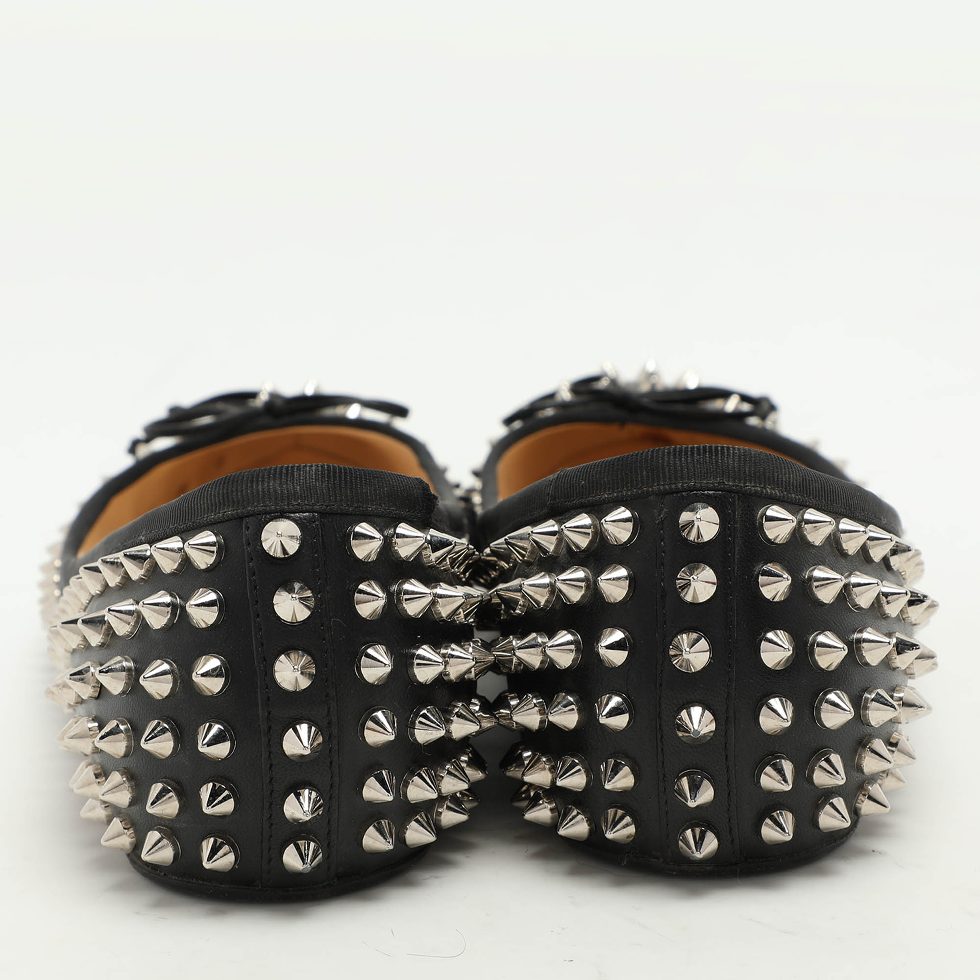 Christian Louboutin Black Leather Sonietta Spikes Bow Ballet Flats 38.5