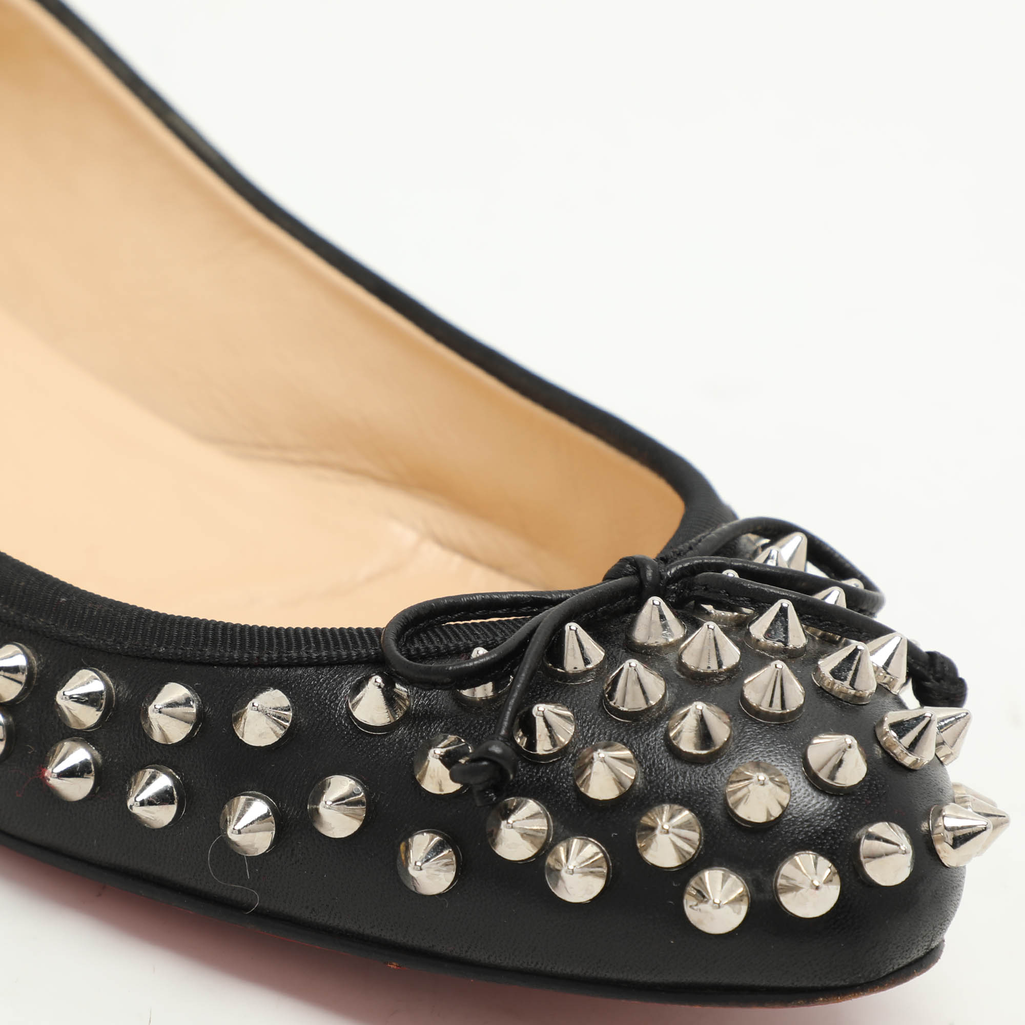 Christian Louboutin Black Leather Sonietta Spikes Bow Ballet Flats 38.5