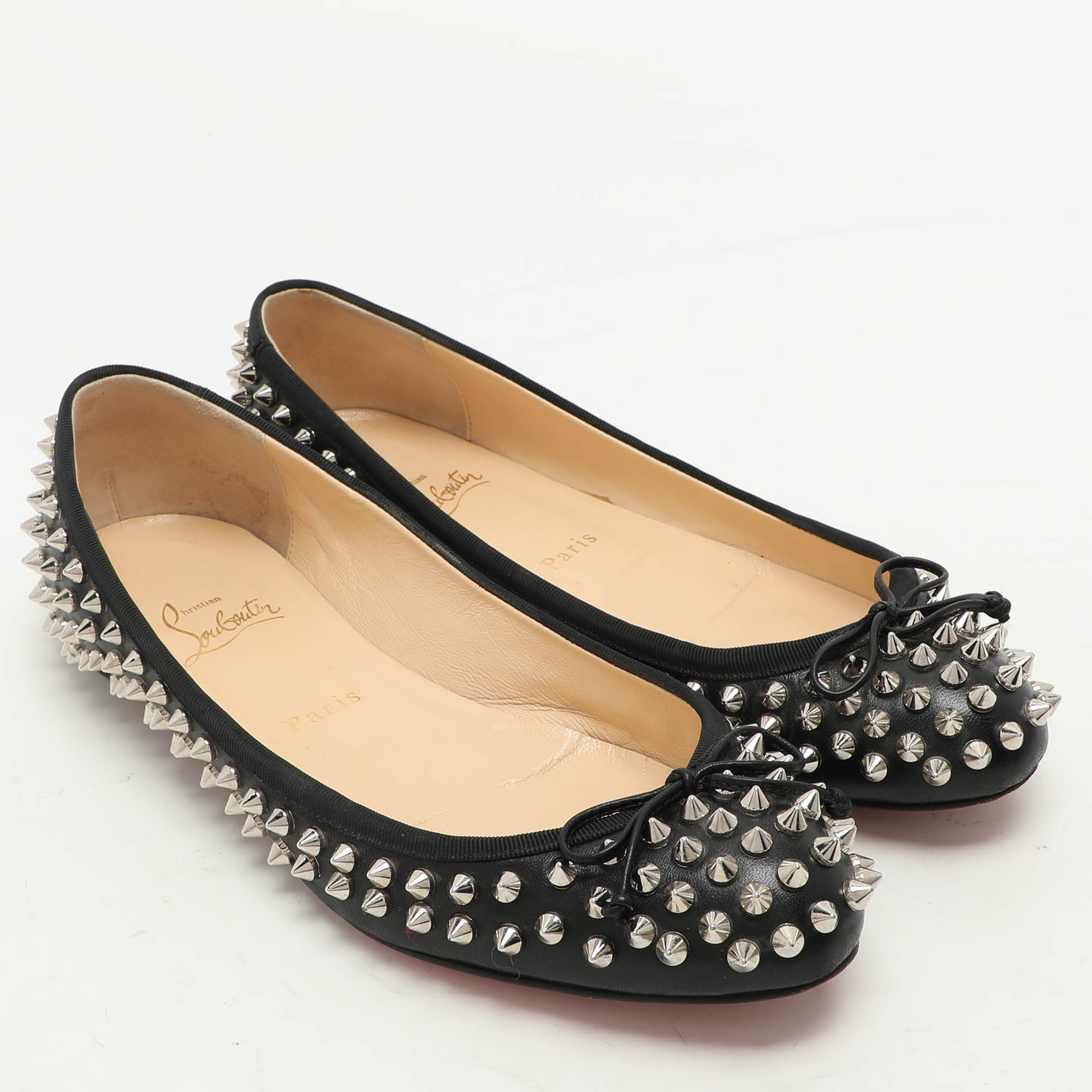 Christian Louboutin Black Leather Sonietta Spikes Bow Ballet Flats 38.5