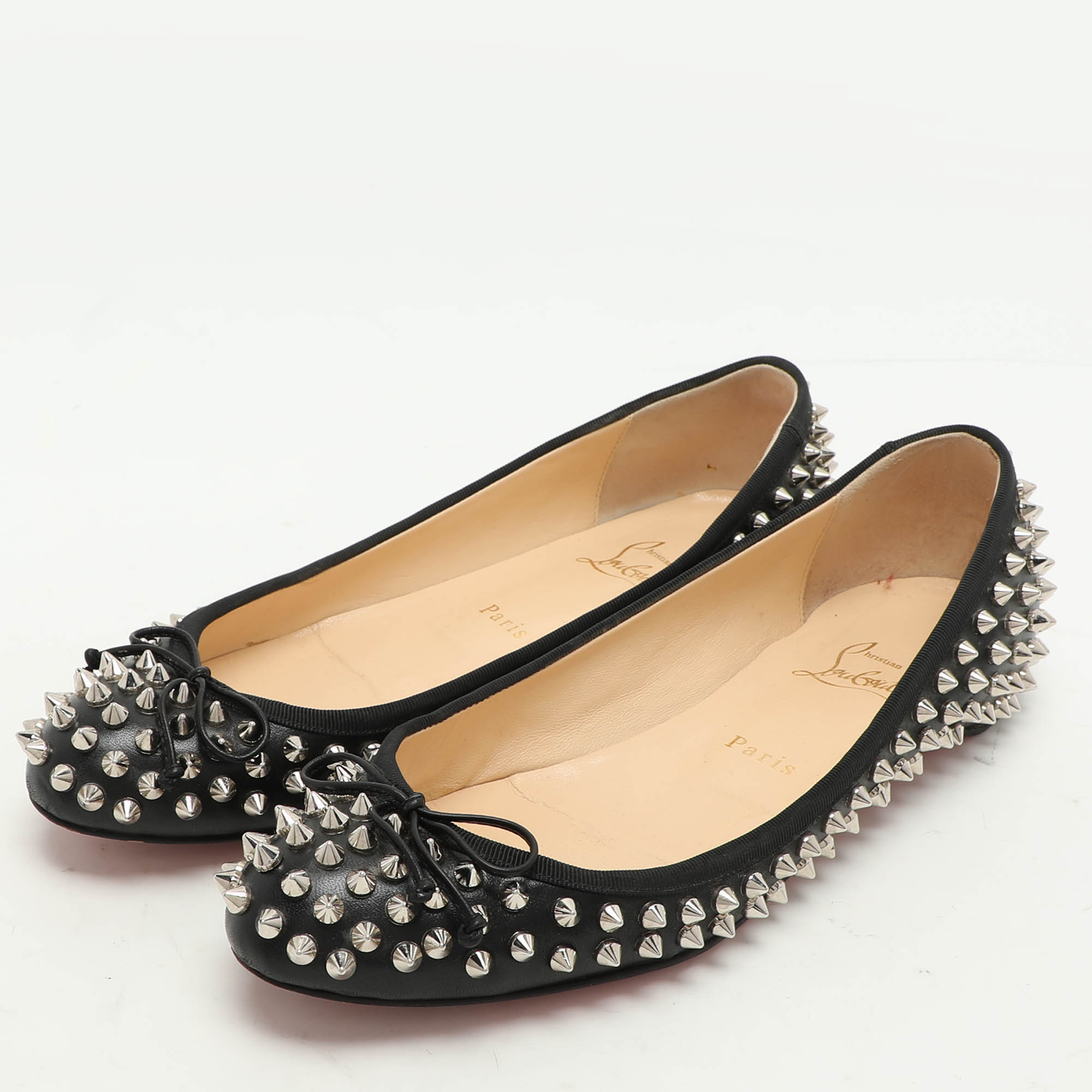 Christian Louboutin Black Leather Sonietta Spikes Bow Ballet Flats 38.5