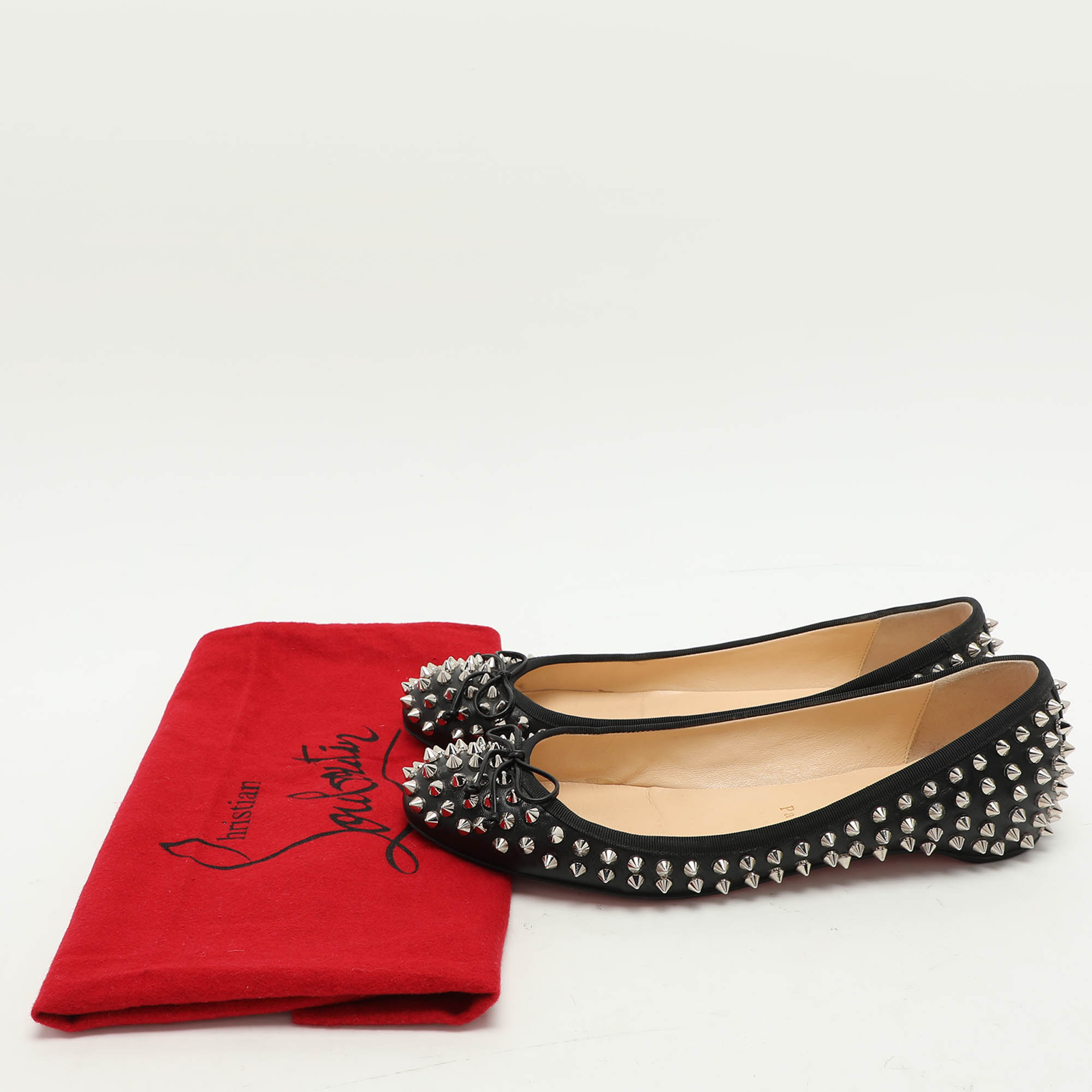 Christian Louboutin Black Leather Sonietta Spikes Bow Ballet Flats 38.5