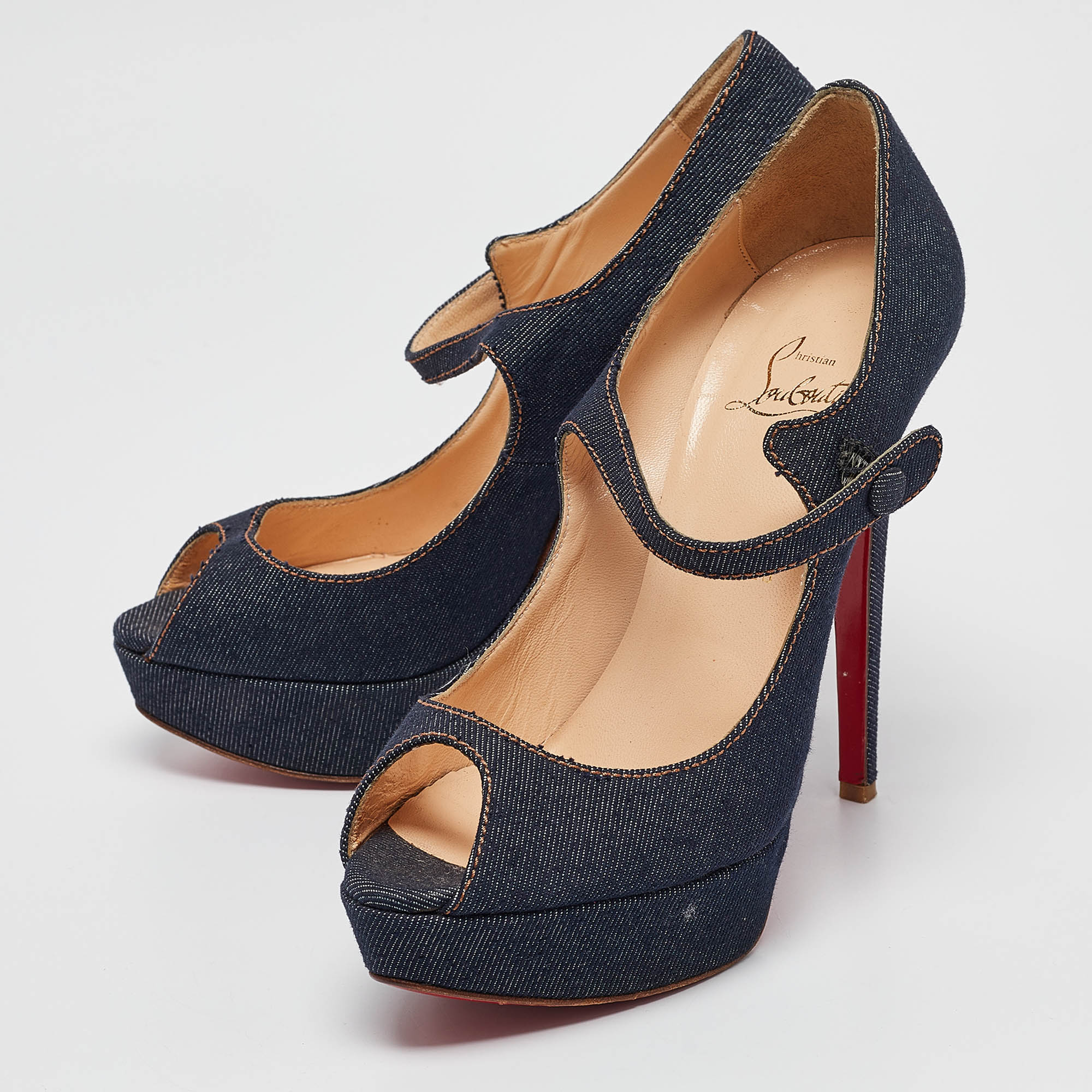 Christian Louboutin Navy Blue Denim Zeppa Mary Jane Pumps Size 39