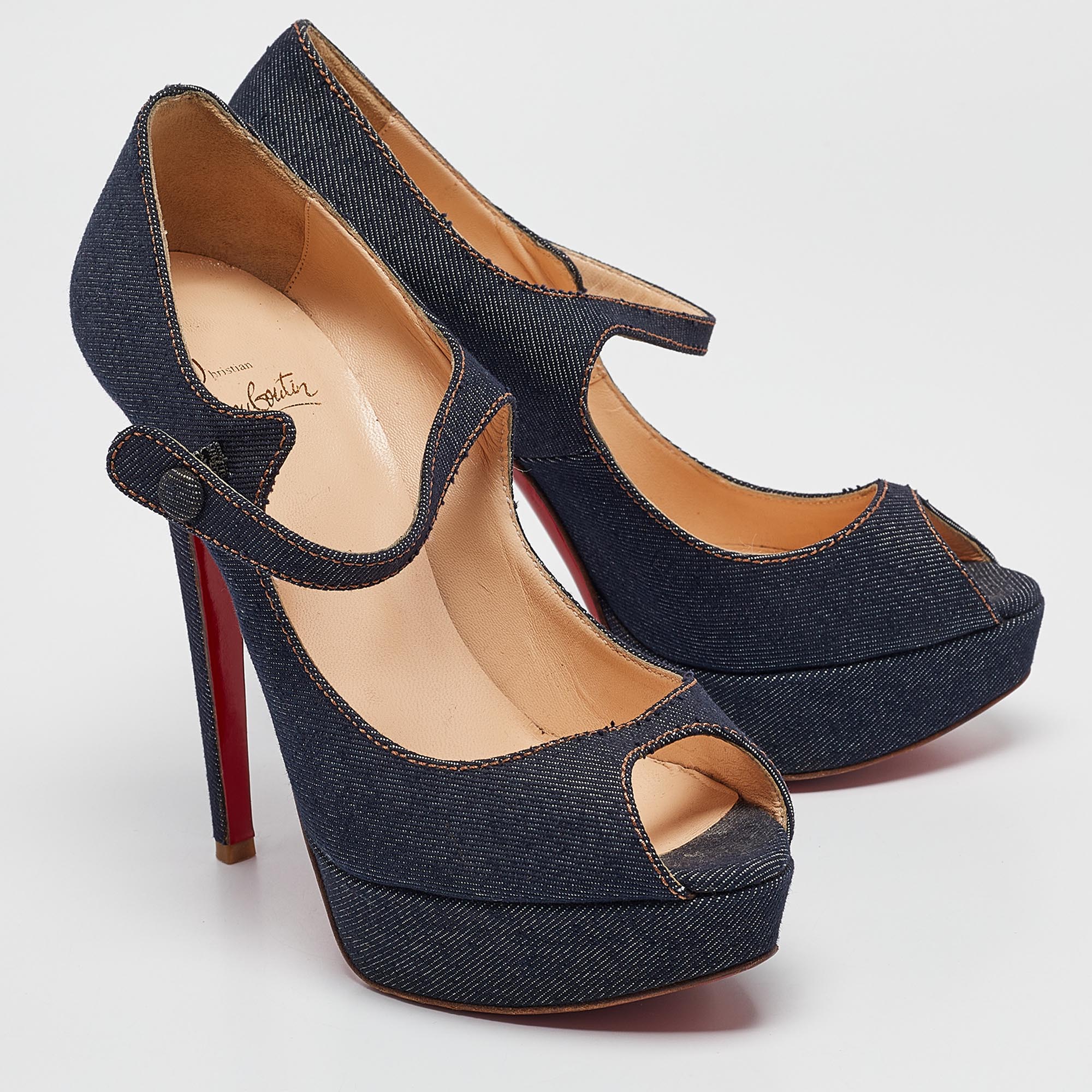 Christian Louboutin Navy Blue Denim Zeppa Mary Jane Pumps Size 39