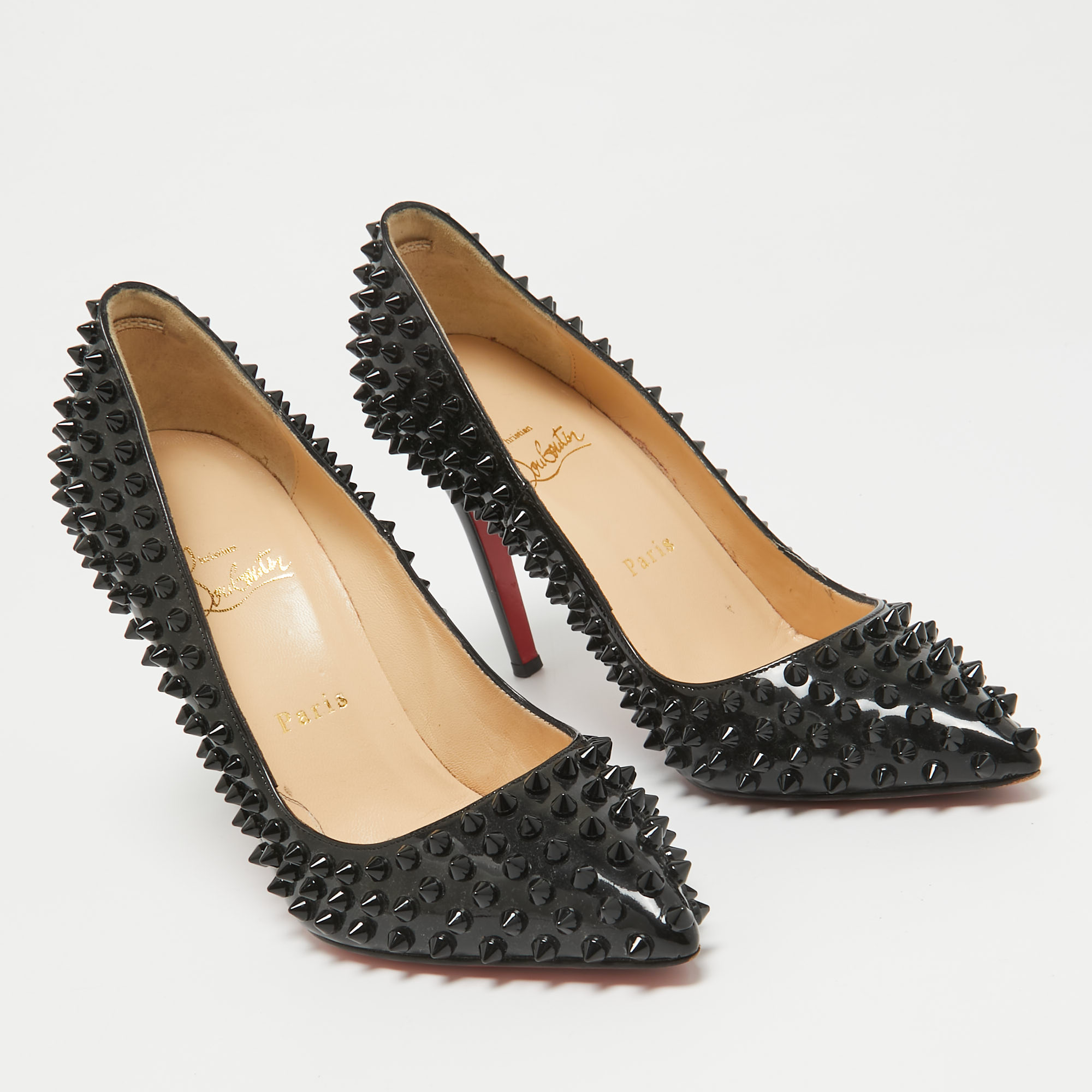 Christian Louboutin Black Patent Leather Pigalle Spikes Pumps Size 38.5