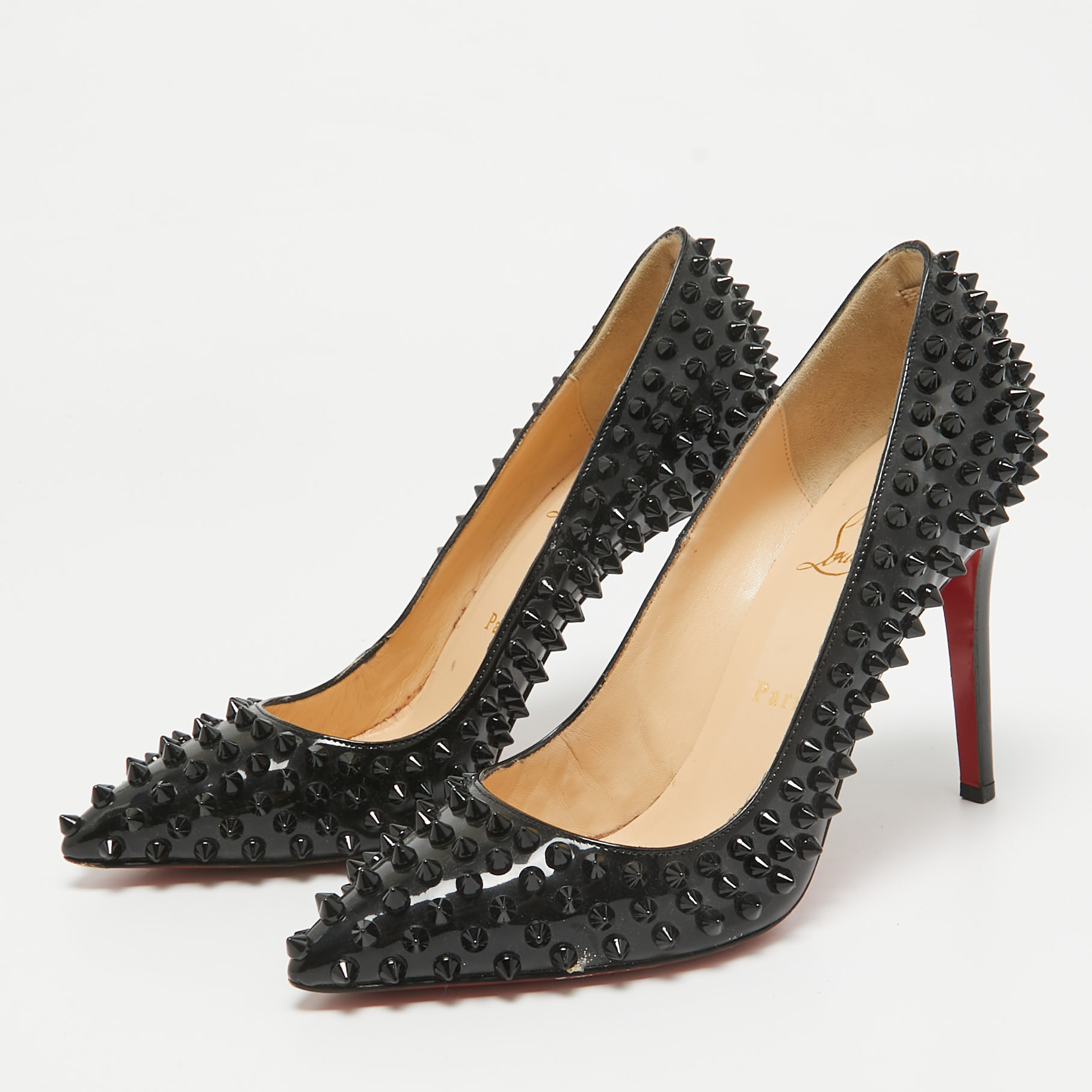 Christian Louboutin Black Patent Leather Pigalle Spikes Pumps Size 38.5