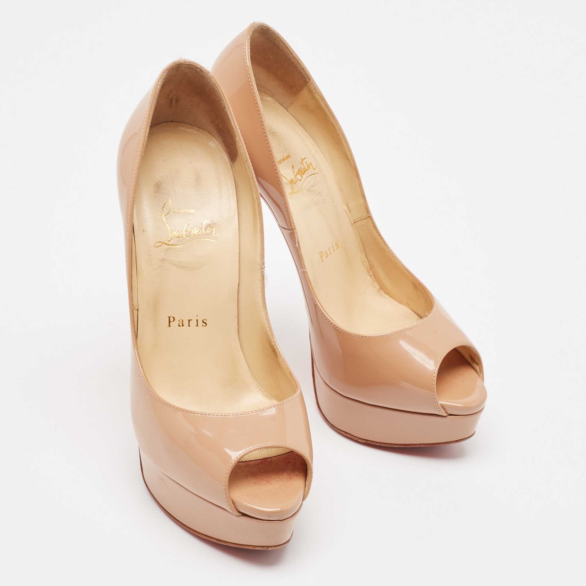 Christian Louboutin Beige Patent Leather Lady Peep Pumps Size 37.5