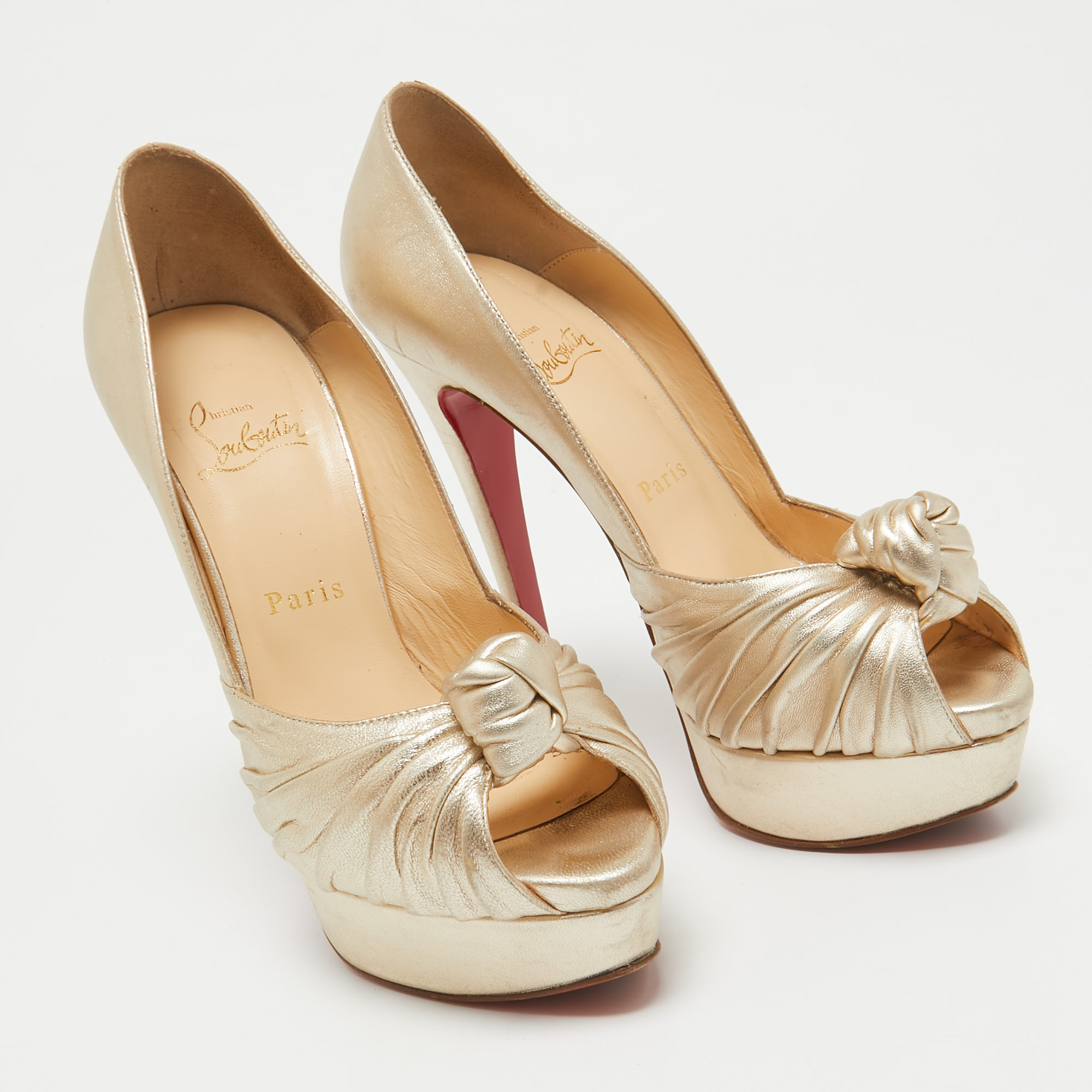 Christian Louboutin Gold Leather Jenny Peep Toe Pumps Size 38