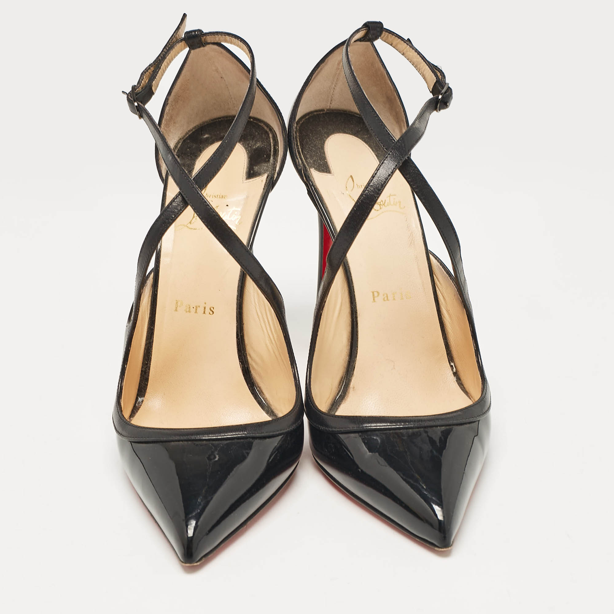 Christian Louboutin Black Patent And Leather Crossfliketa Pumps 40.5